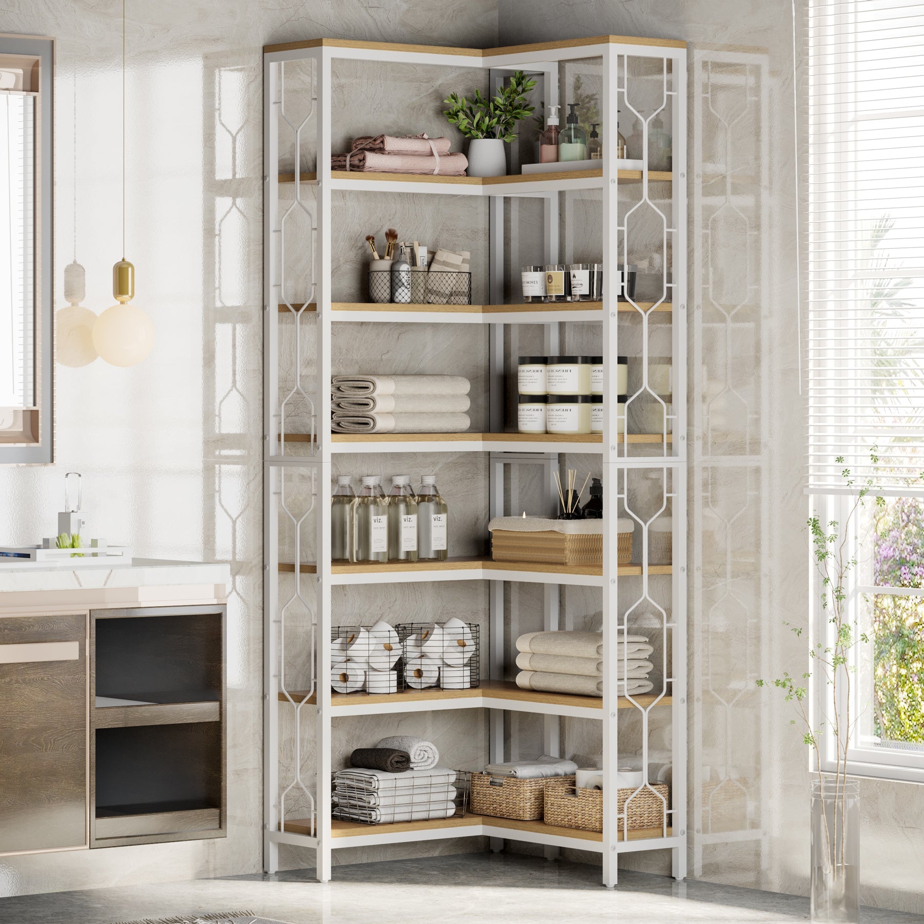 Tribesigns Estantería esquinera de madera y metal, Librería industrial de 7 niveles