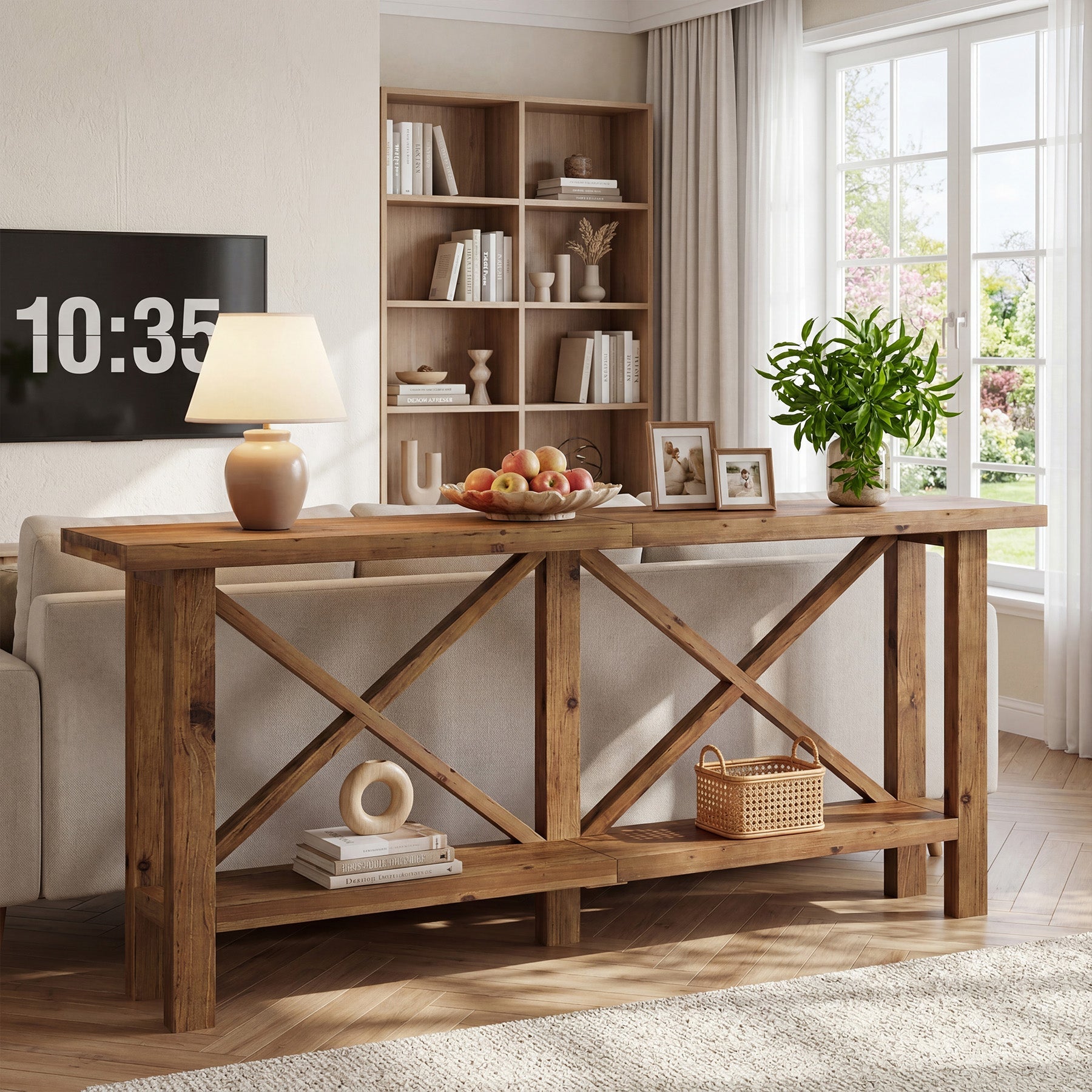Mesa consola estrecha de 180 cm, Mesa de recibidor de madera maciza de 2 niveles