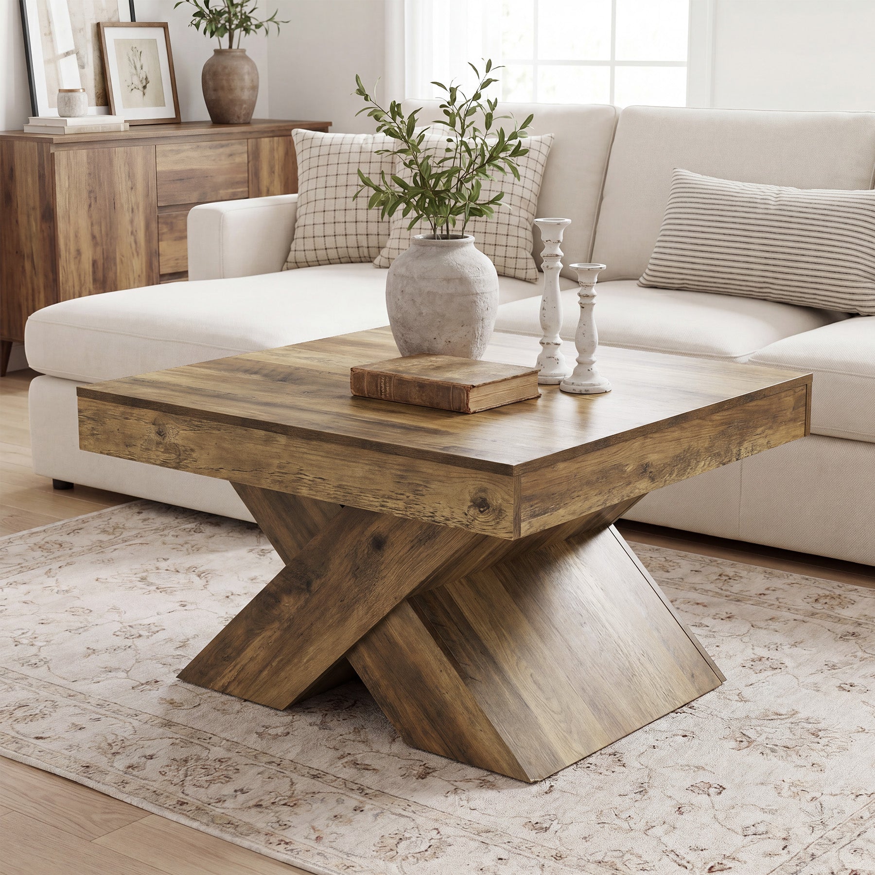 Mesa de centro cuadrada de 80 x 80 cm, Mesa de madera estilo rústico con base en forma de X para sala de estar y espacios pequeños