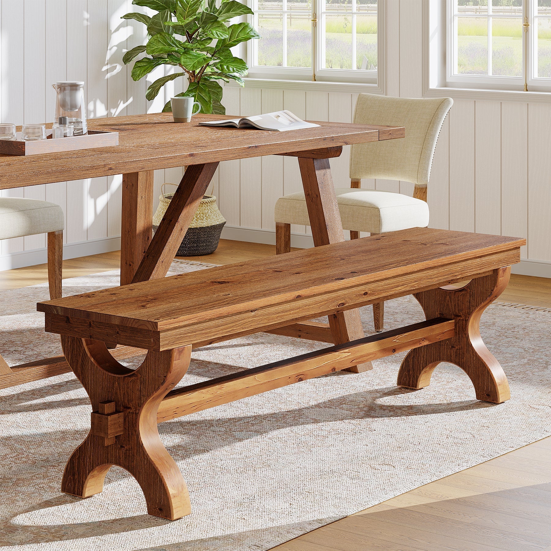 Tribesigns Banco de madera maciza de 140 cm, Banco para recibidor y zapatero de estilo rústico para recibidor, dormitorio y comedor