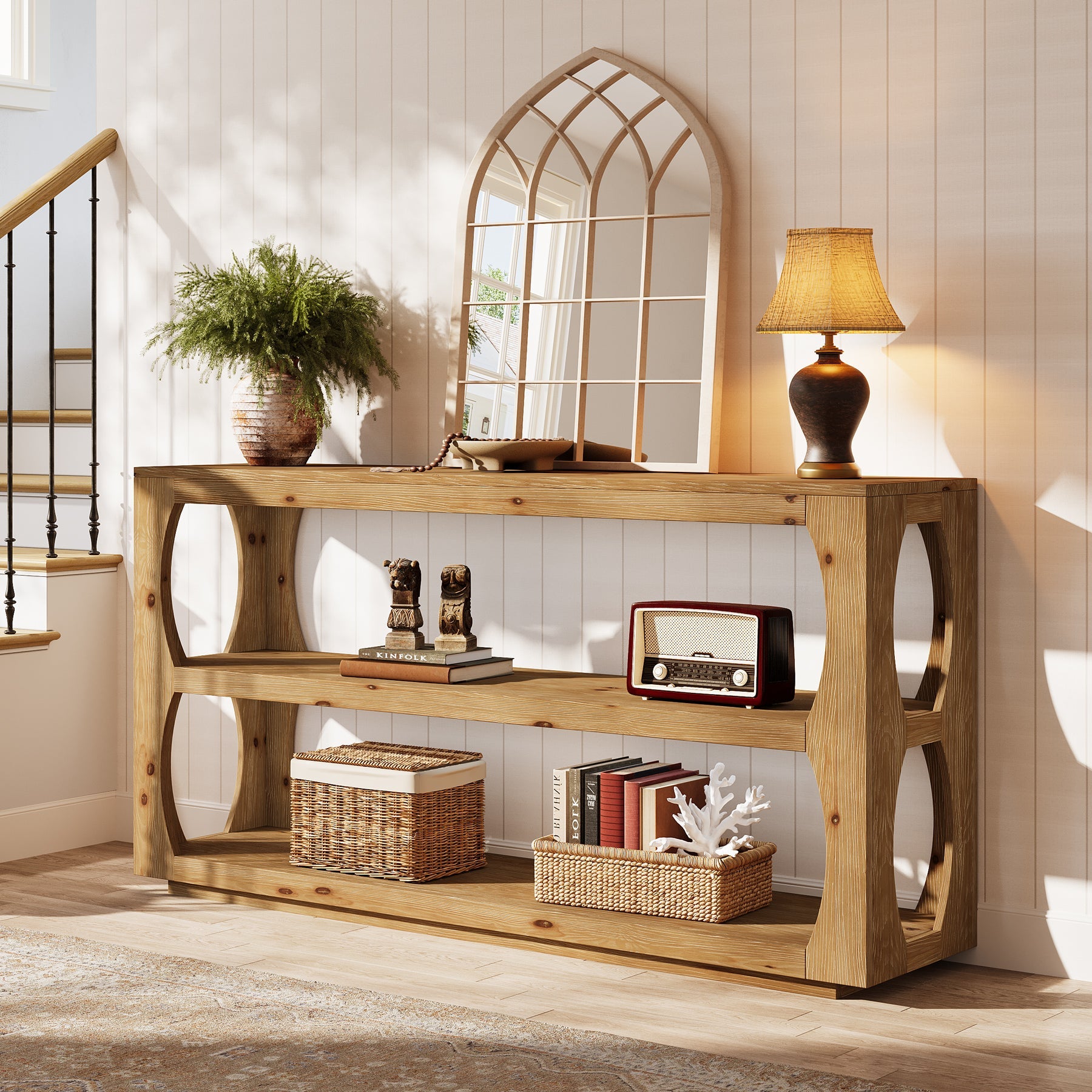 Tribesigns Mesa consola de 160 cm de madera maciza de abeto, Mesa de entrada estrecha con 3 estantes Estilo rústico para pasillo salón
