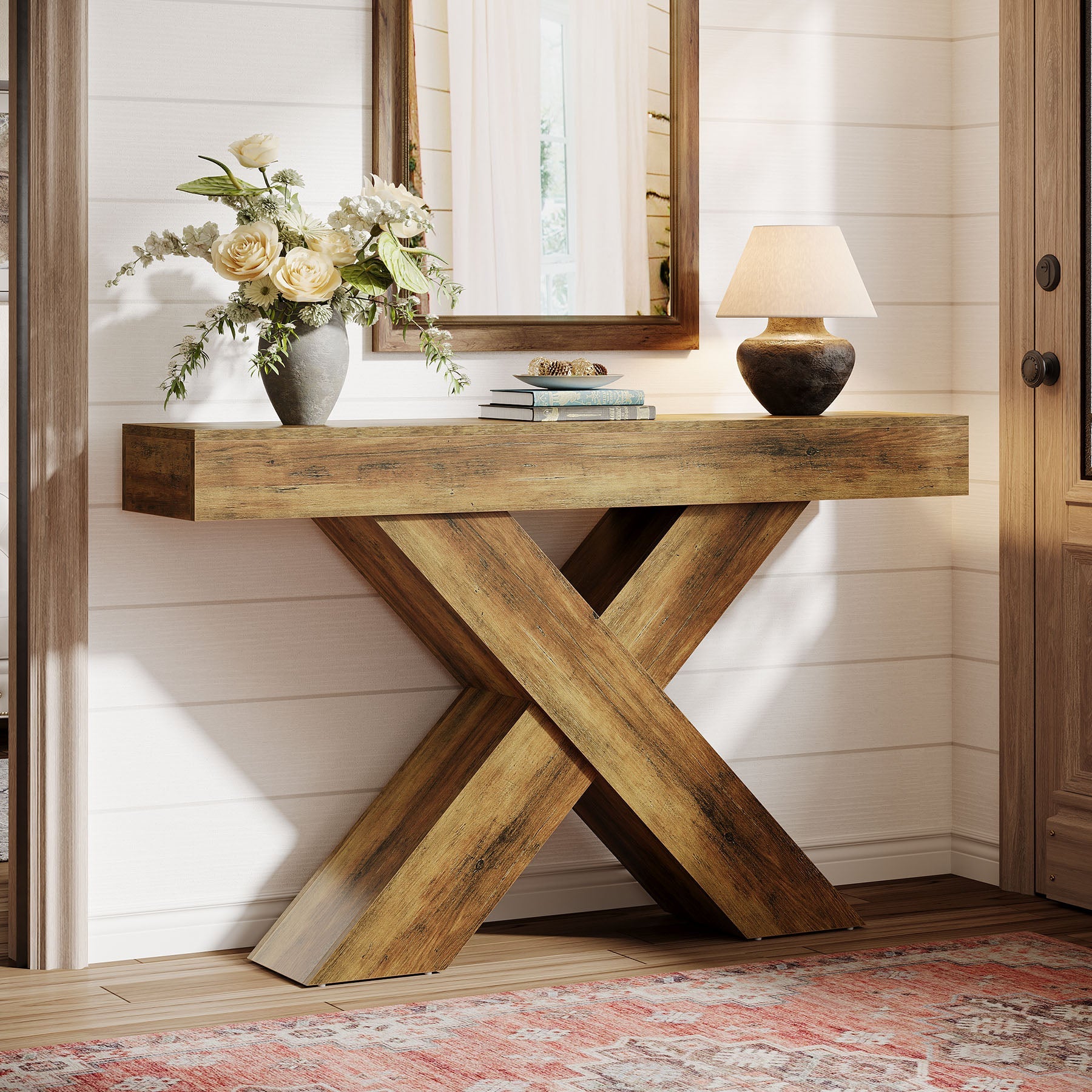 Tribesigns Mesa consola de 140 cm, Mesa auxiliar de madera con diseño único para el recibidor o detrás del sofá