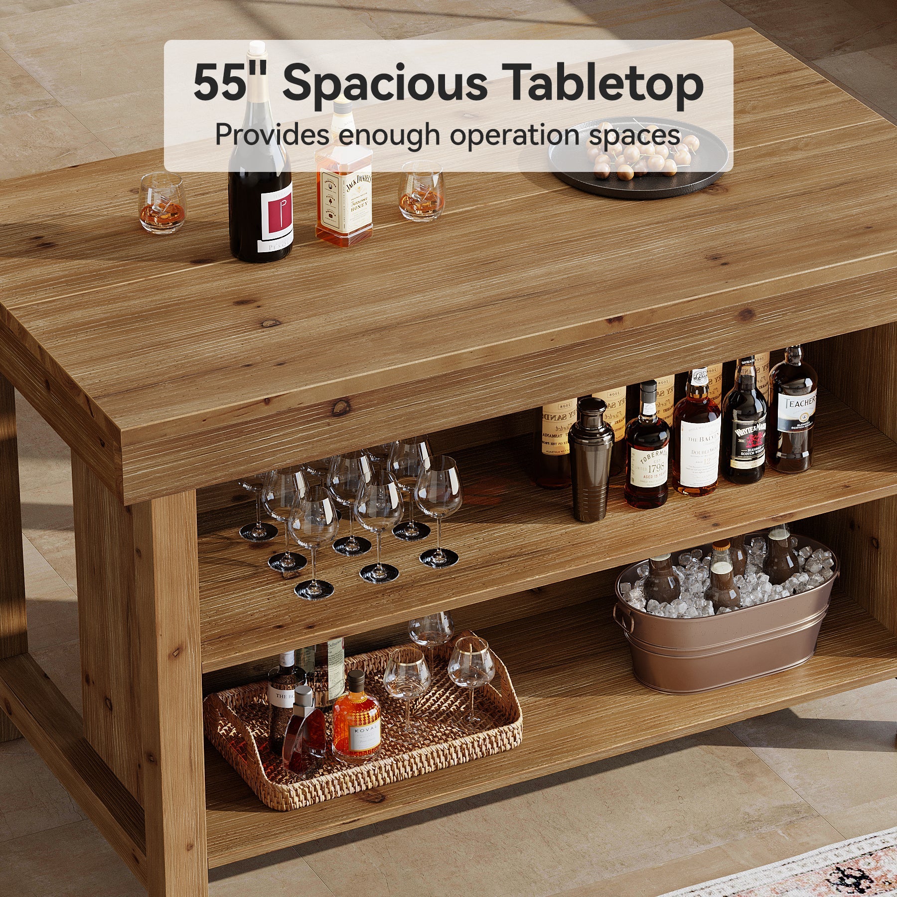 Tribesigns Isla de cocina de madera maciza con almacenamiento y asientos, Mesa de cocina con 2 estantes abiertos