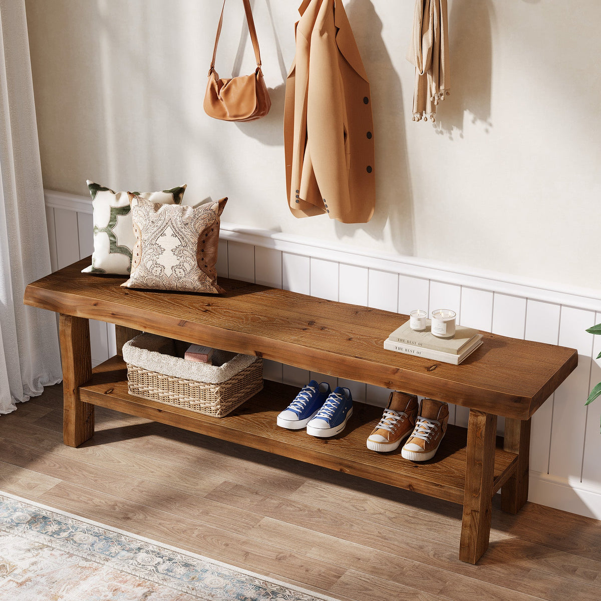 Tribesigns Banco zapatero de madera maciza de 140 cm con estante, Banco de estilo rústico para 2 o 3 personas