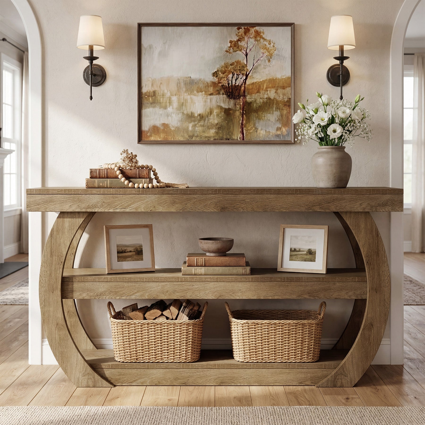 Tribesigns Mesa consola estilo granja (160 cm), Mesa de madera de 3 niveles para pasillo con estante de almacenamiento
