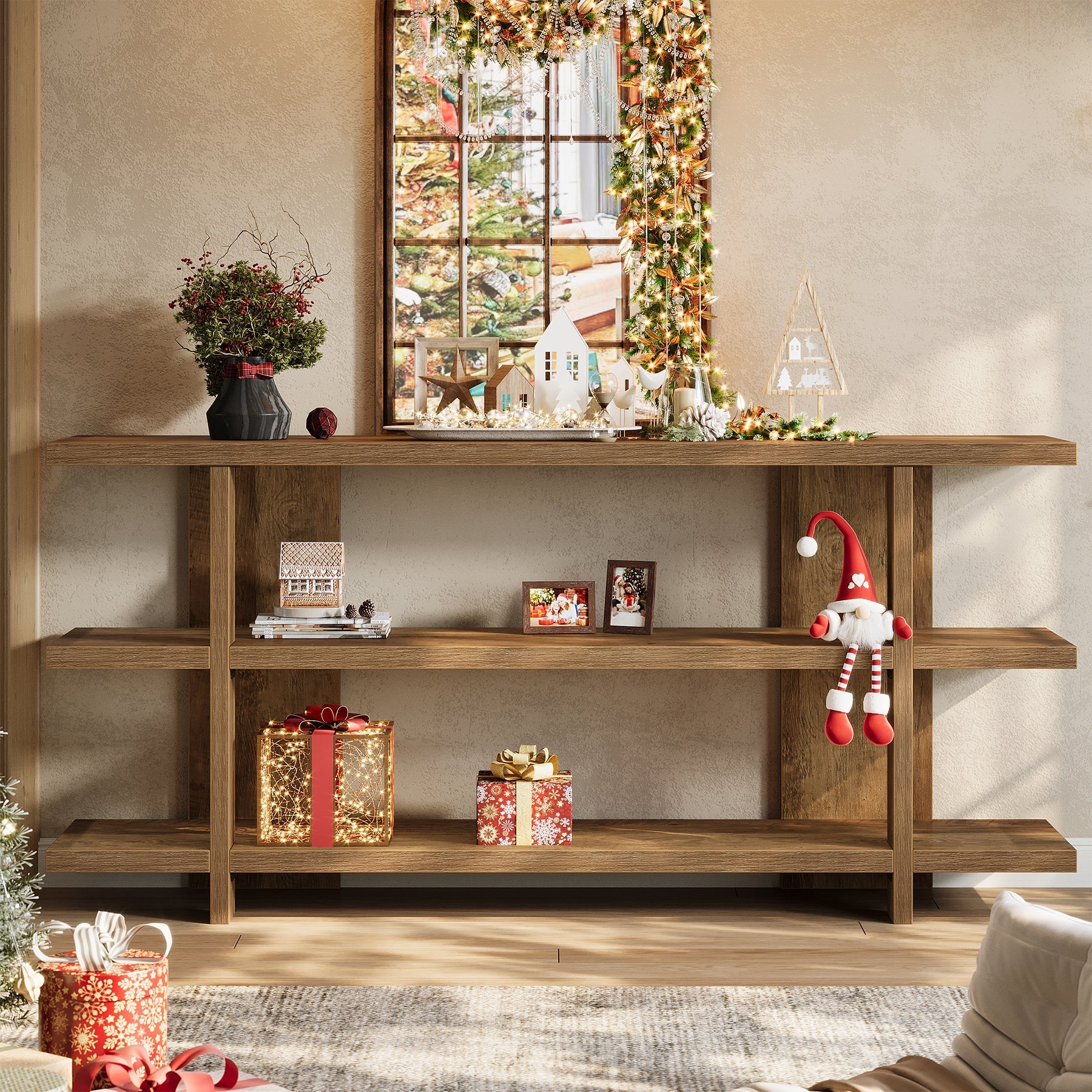 Tribesigns Consola de 160 cm con espacio de almacenaje, Mesa de recibidor estrecha de madera con 3 niveles en estilo rústico