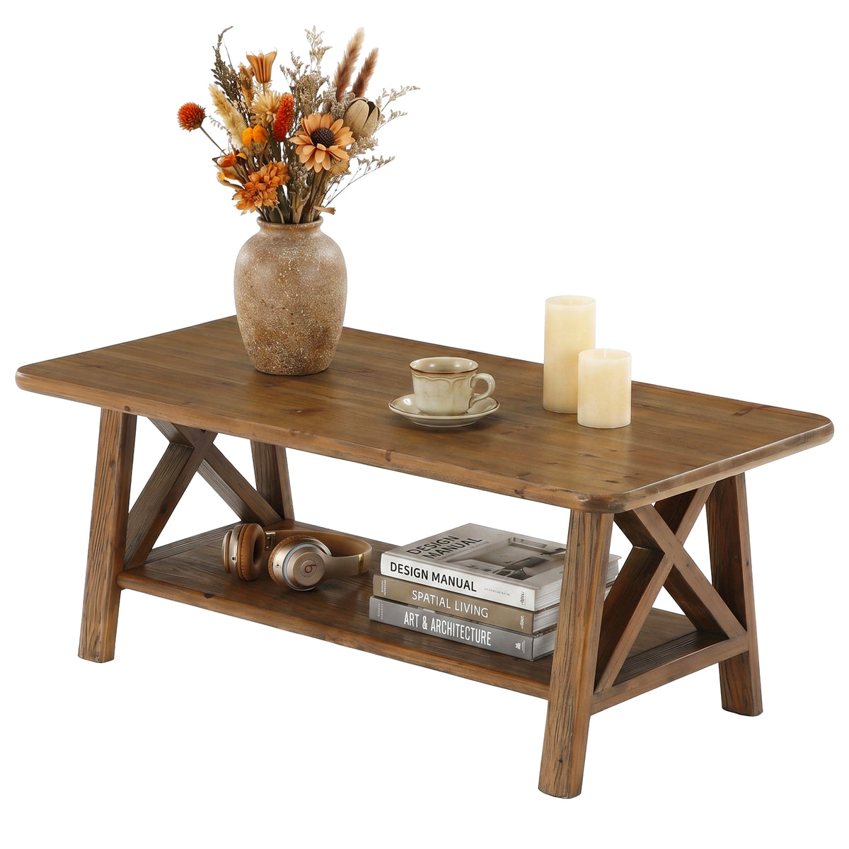 Tribesigns Mesa de centro de madera maciza estilo granja, Mesa rectangular de 120 cm con estante para sala de estar, apartamento u hogar