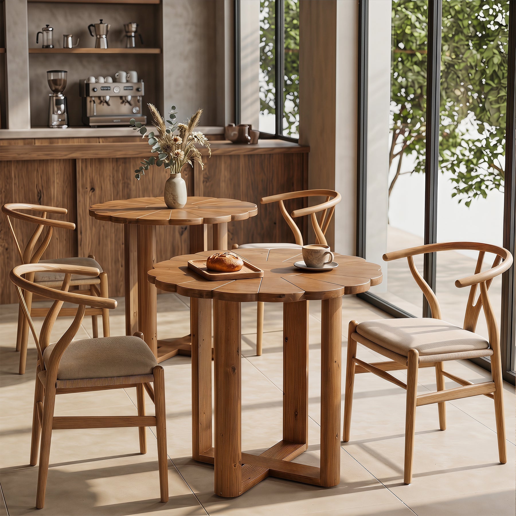 Mesa de comedor redonda de madera maciza de 80 cm para 2-4 personas, Estilo rústico con diseño floral tallado