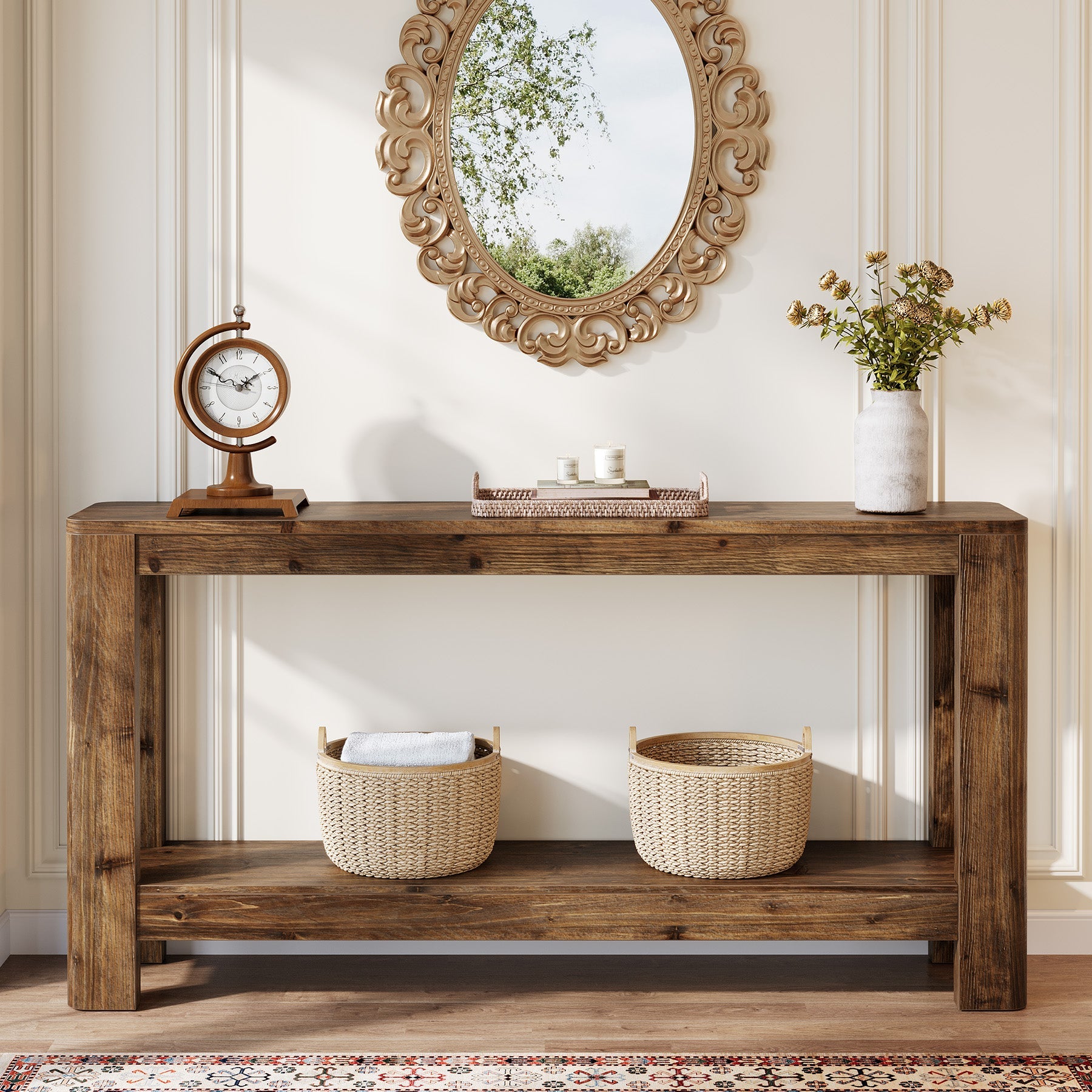 Tribesigns Mesa consola de madera maciza de 160 cm, Mesa auxiliar estrecha de estilo rústico con estante