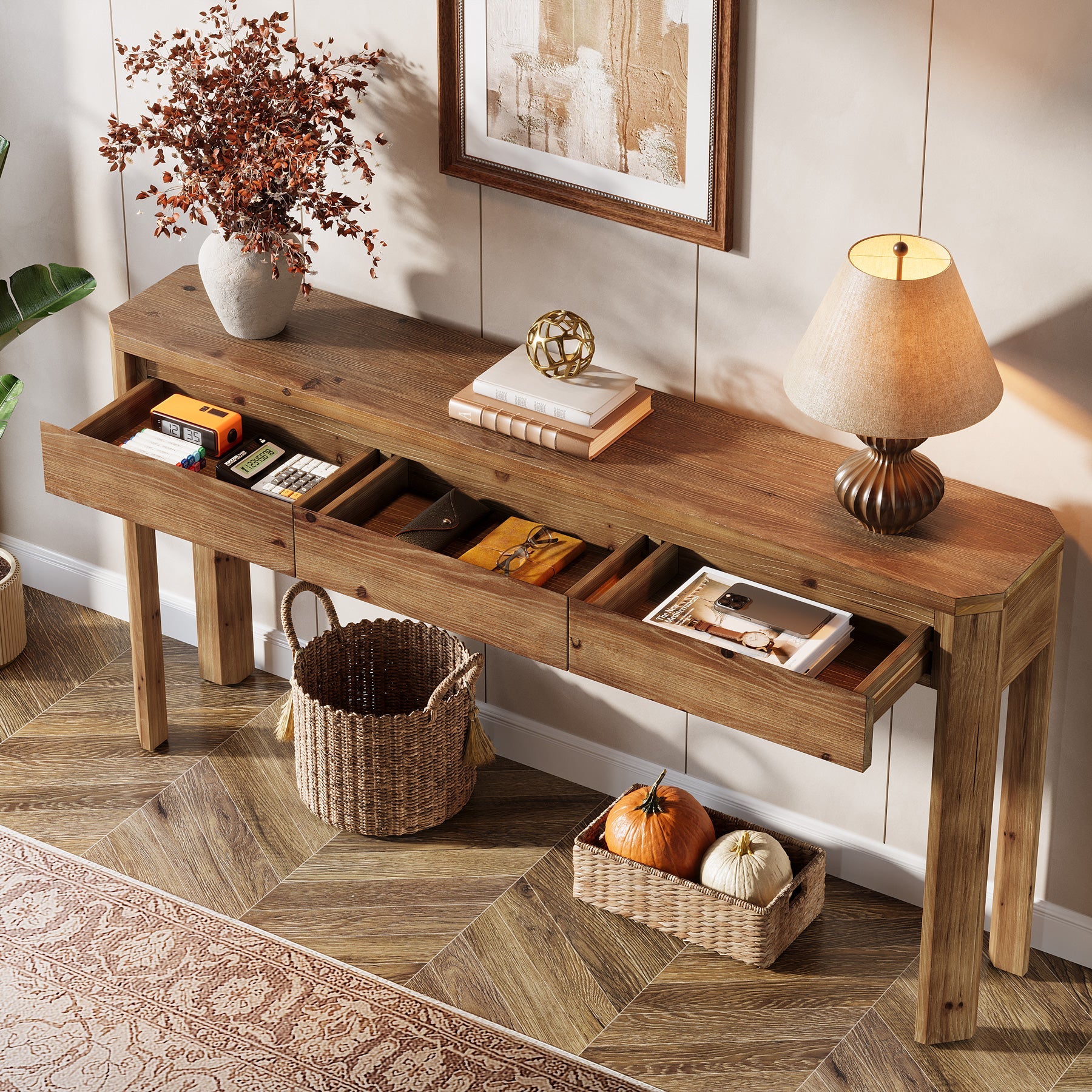 Tribesigns Consola de madera maciza de 160 cm con 3 cajones, Mesa de recibidor y sofá esquinas redondeadas estilo rústico