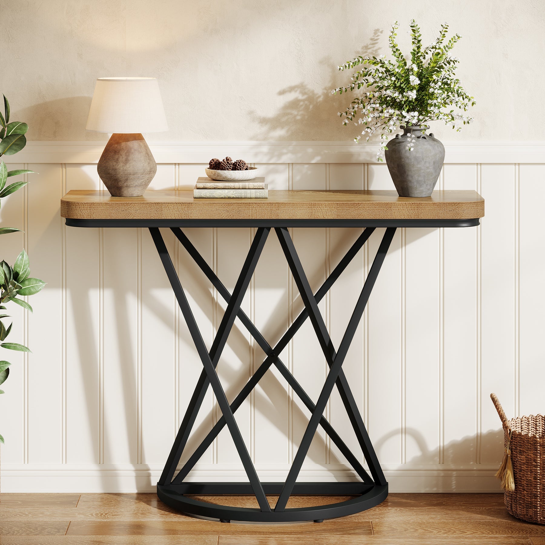 Tribesigns Consola industrial de 105 cm, Mesa de entrada estrecha con base metálica geométrica