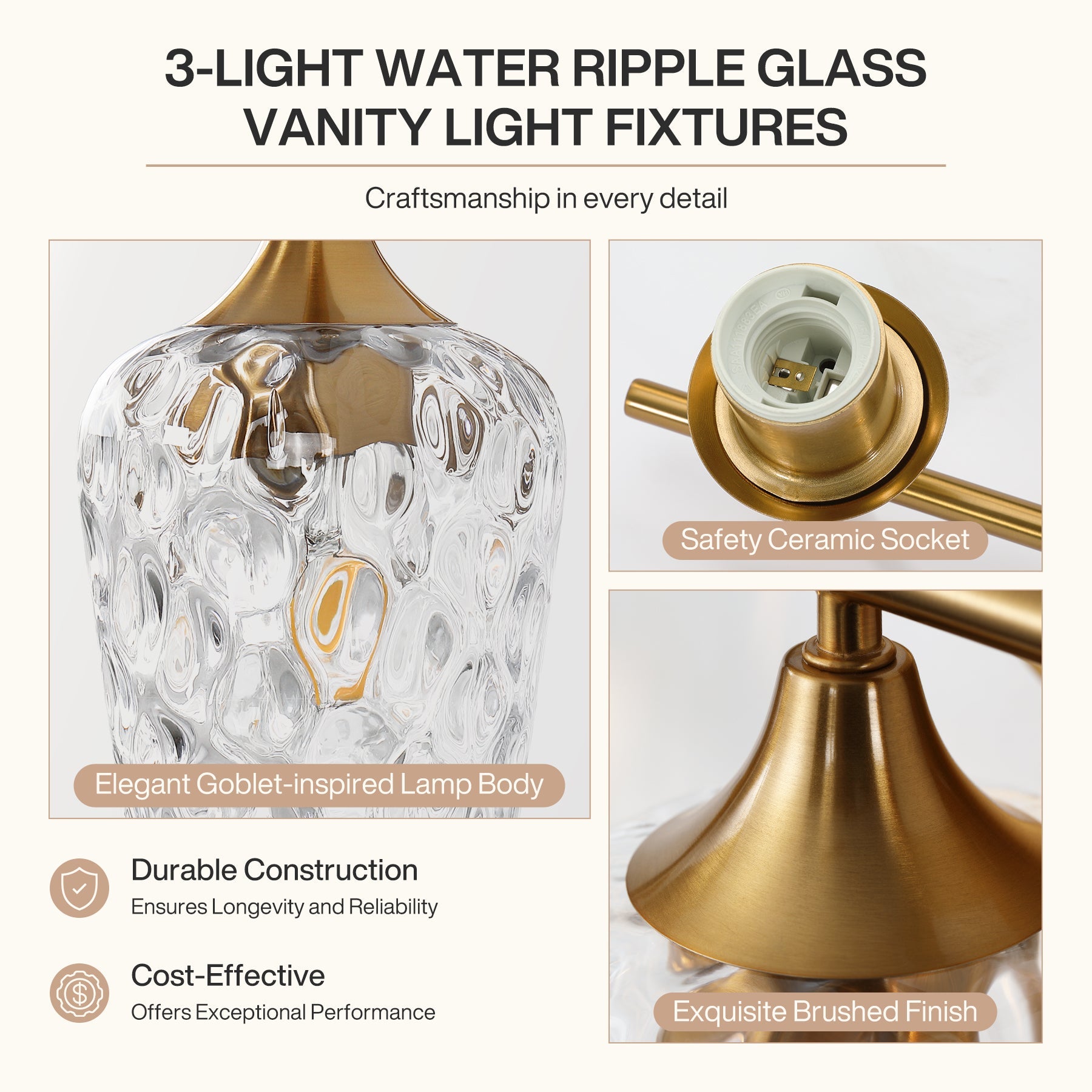 Tribesigns Aplique de pared LED de 3 luces para baño, Color dorado con cristal texturizado casquillo E27