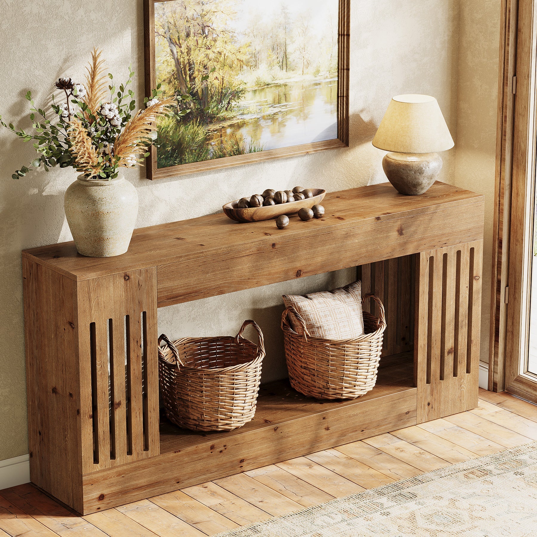 Tribesigns Consola de madera maciza de 160 cm, Mesa de sofá detrás del sofá con compartimento de almacenamiento