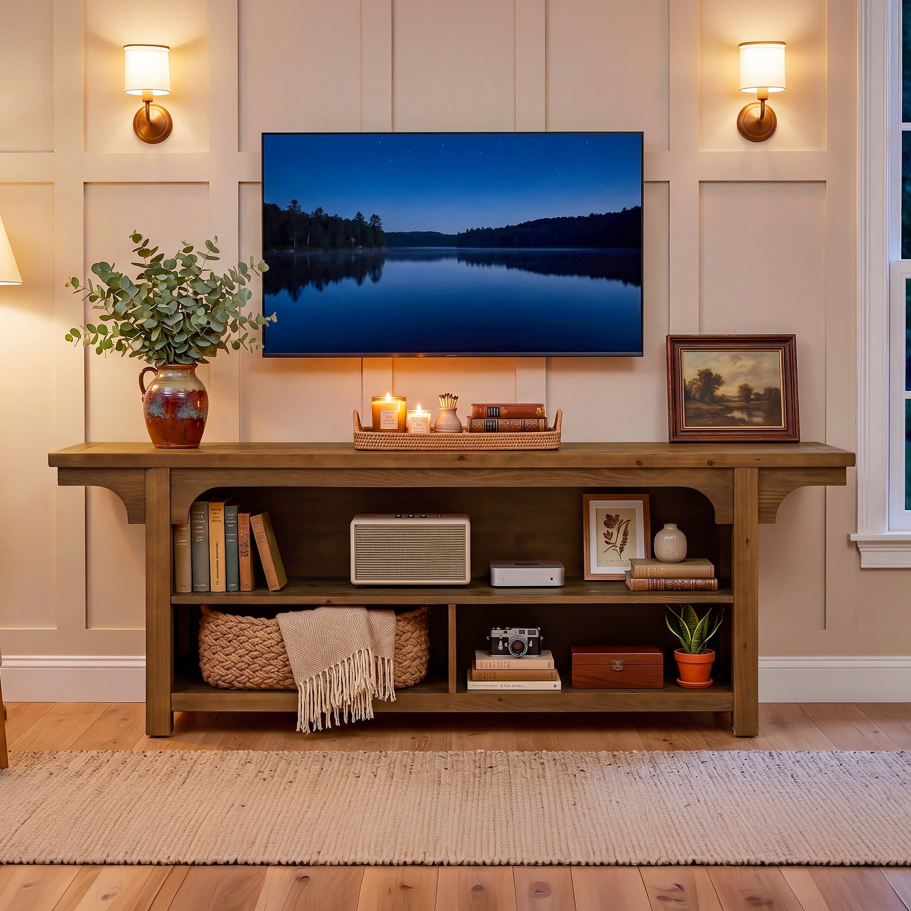 Tribesigns 160 cm TV-Lowboard aus Massivholz, TV-Schrank für 55–70 Zoll Fernseher mit 3 offenen Fächern