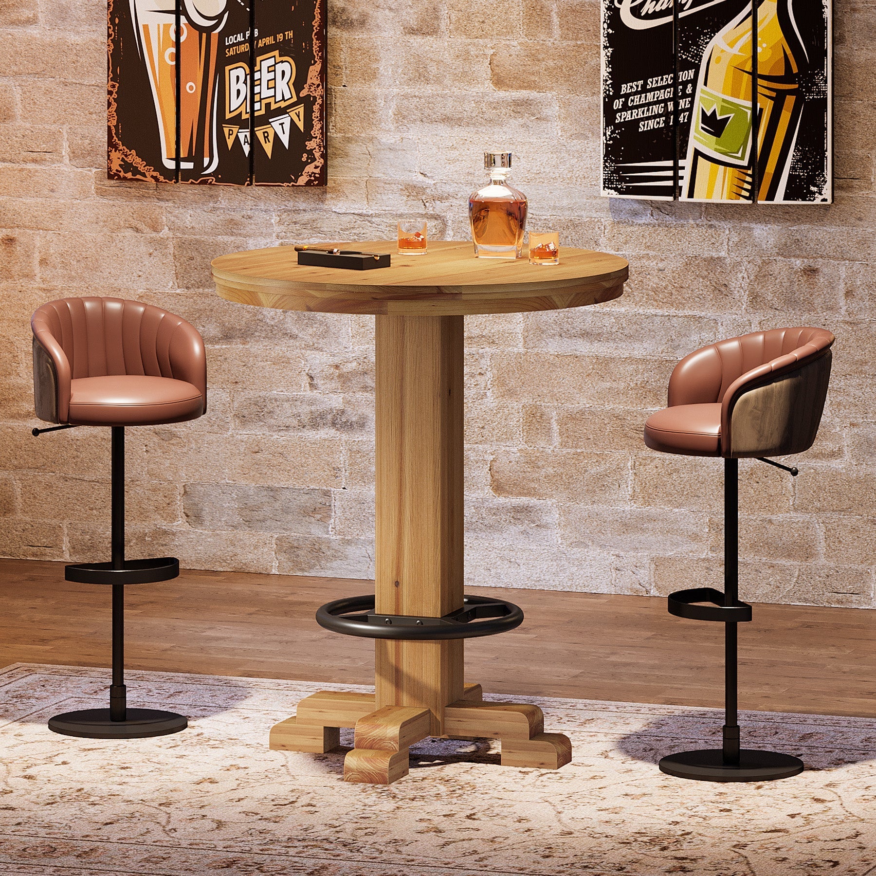 Mesa redonda de bar de madera maciza, Mesa de bistró de 95 cm de altura con reposapiés de metal