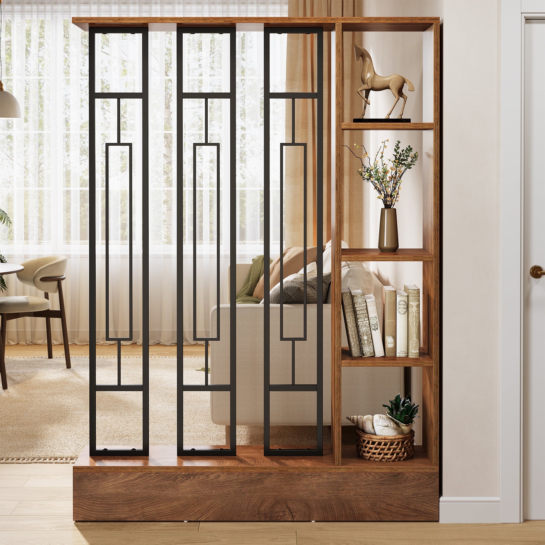 Biombo separador de ambientes de madera y metal de 120 cm, Pantalla de privacidad con estantes