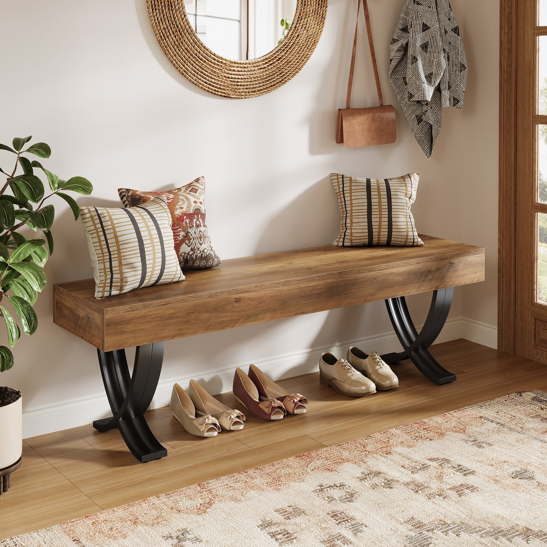 Tribesigns Banco industrial para zapatos de 140 cm con patas metálicas en forma de X, Banco largo para pasillo, dormitorio, sala de estar y recibidor