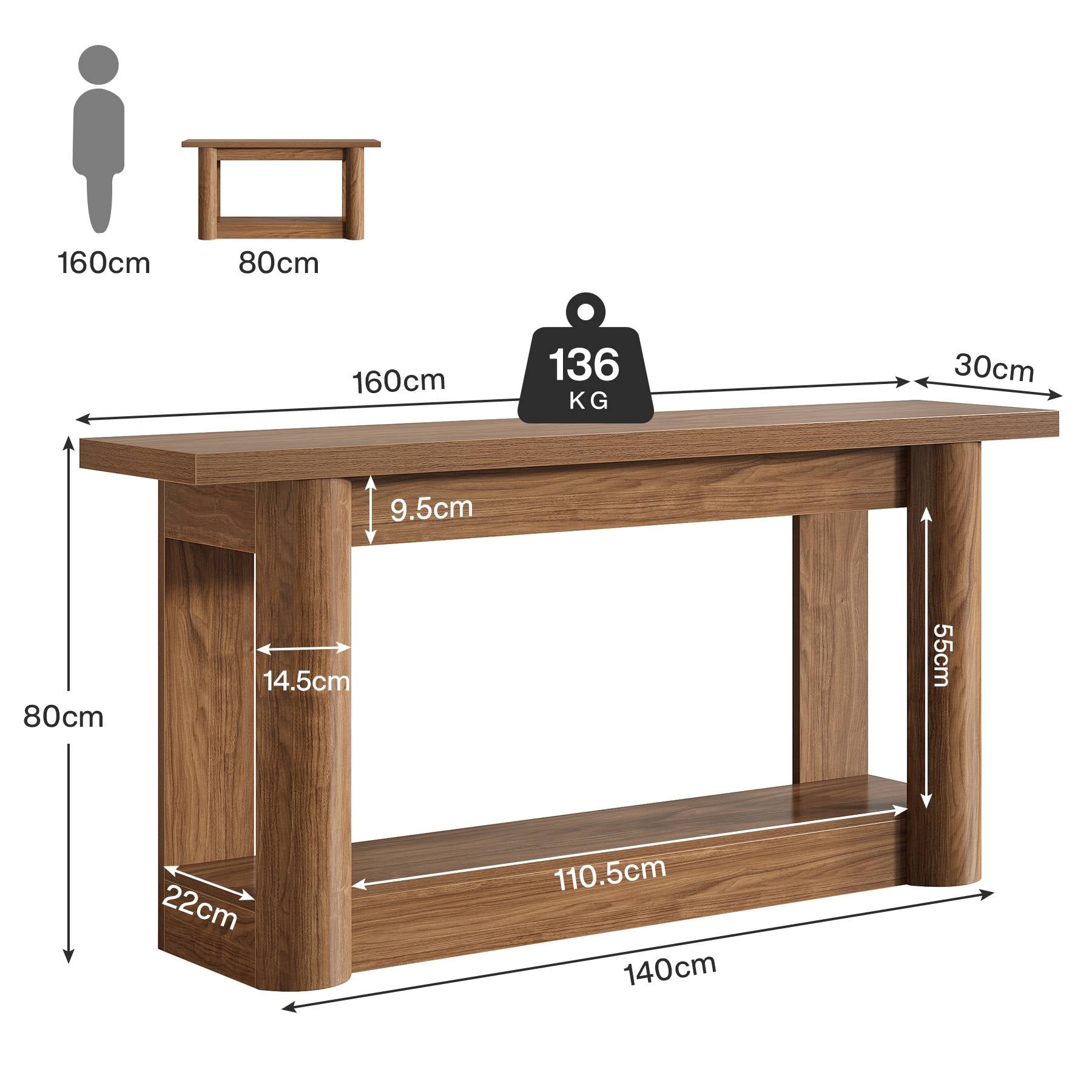 Mesa consola de 160 cm, mesa de sofá de granja de 2 niveles para la entrada