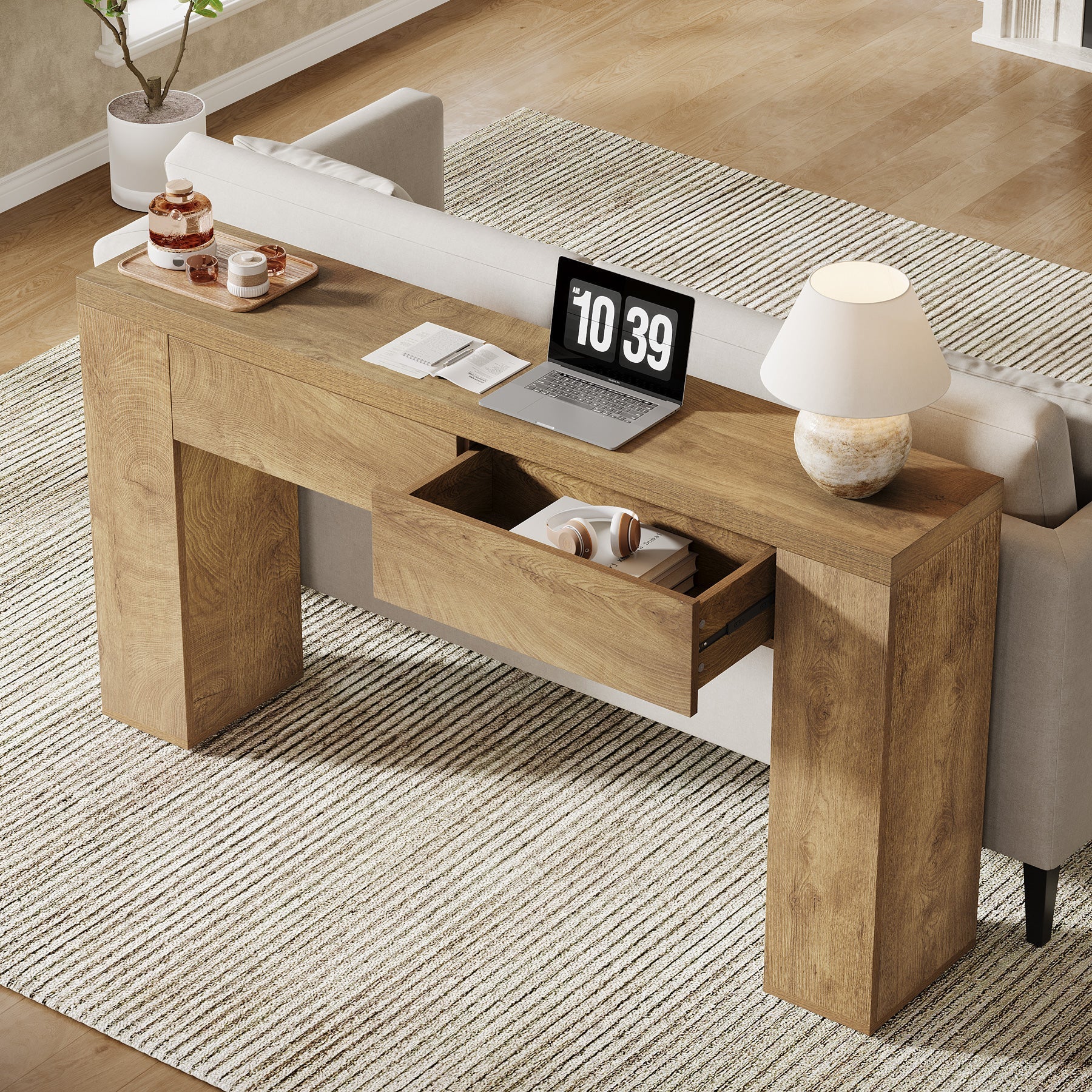 Tribesigns Consola de 160 cm con 2 cajones, Mesa de recibidor estrecha con espacio de almacenamiento Madera de ingeniería