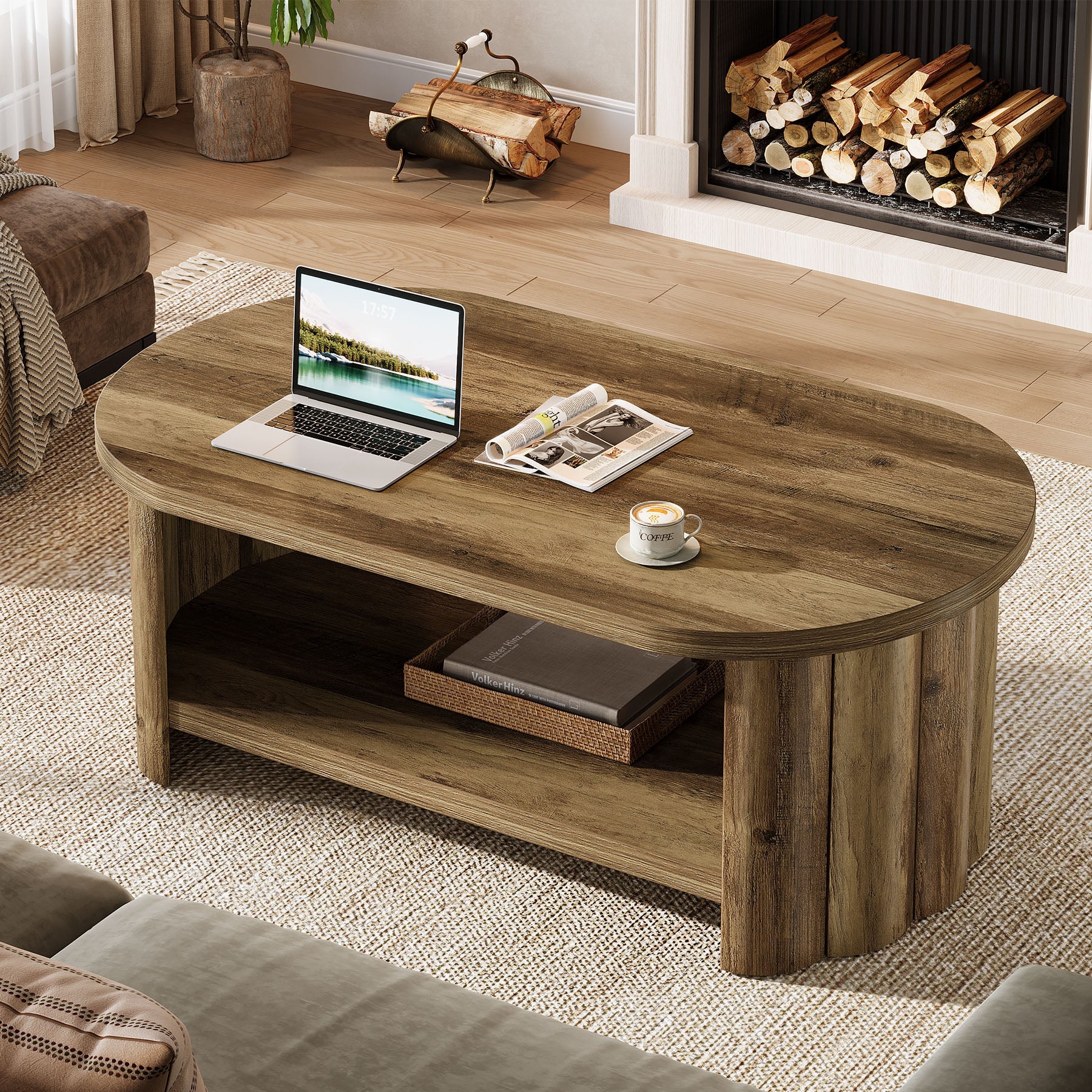 Tribesigns Mesa de centro ovalada de 120 cm con compartimento de almacenamiento, Mesa de salón de estilo rústico con base acanalada