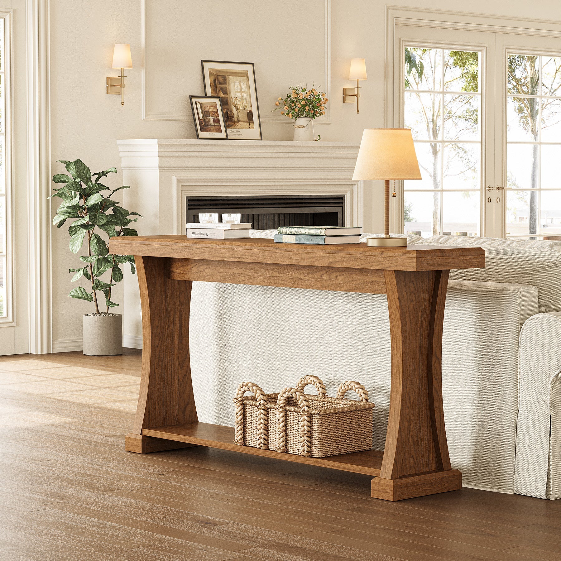 Tribesigns Mesa consola de 160 cm de largo con 2 estantes, Mesa estrecha para recibidor y sofá en imitación madera