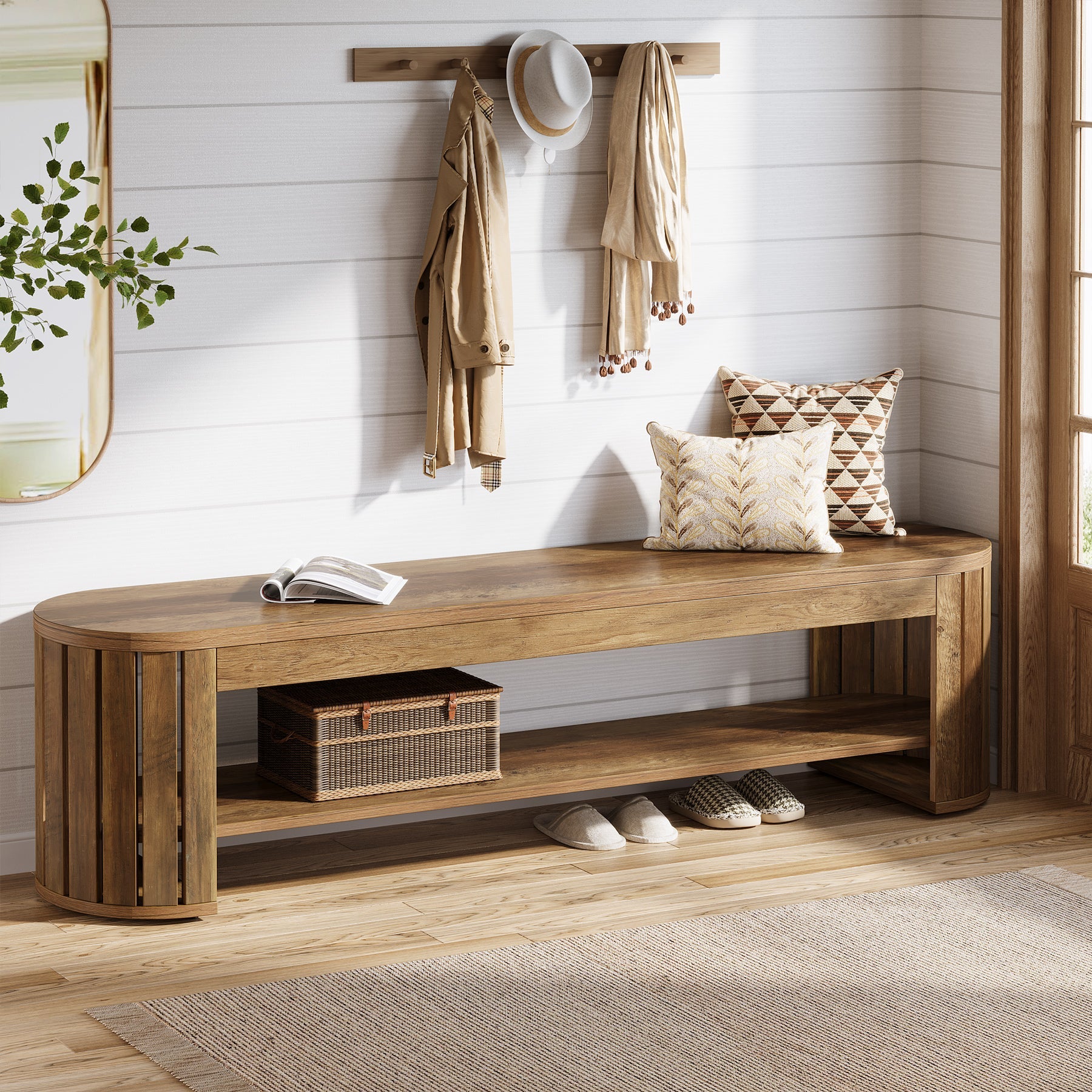 Tribesigns Banco zapatero de madera con almacenaje, Banco de 2 niveles para pasillo dormitorio y salón