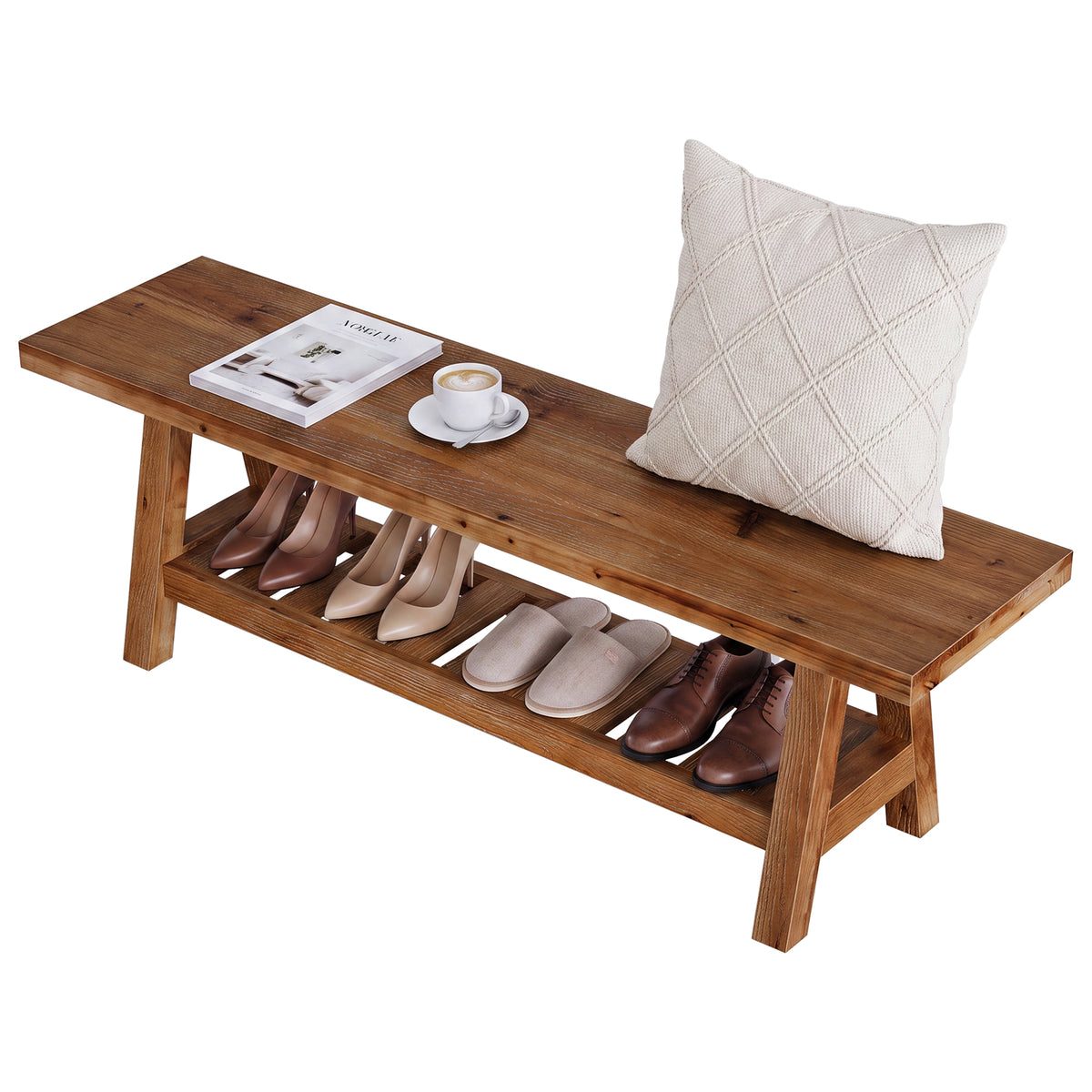 Banco de madera maciza de 140 cm para recibidor con estante y espacio para guardar zapatos