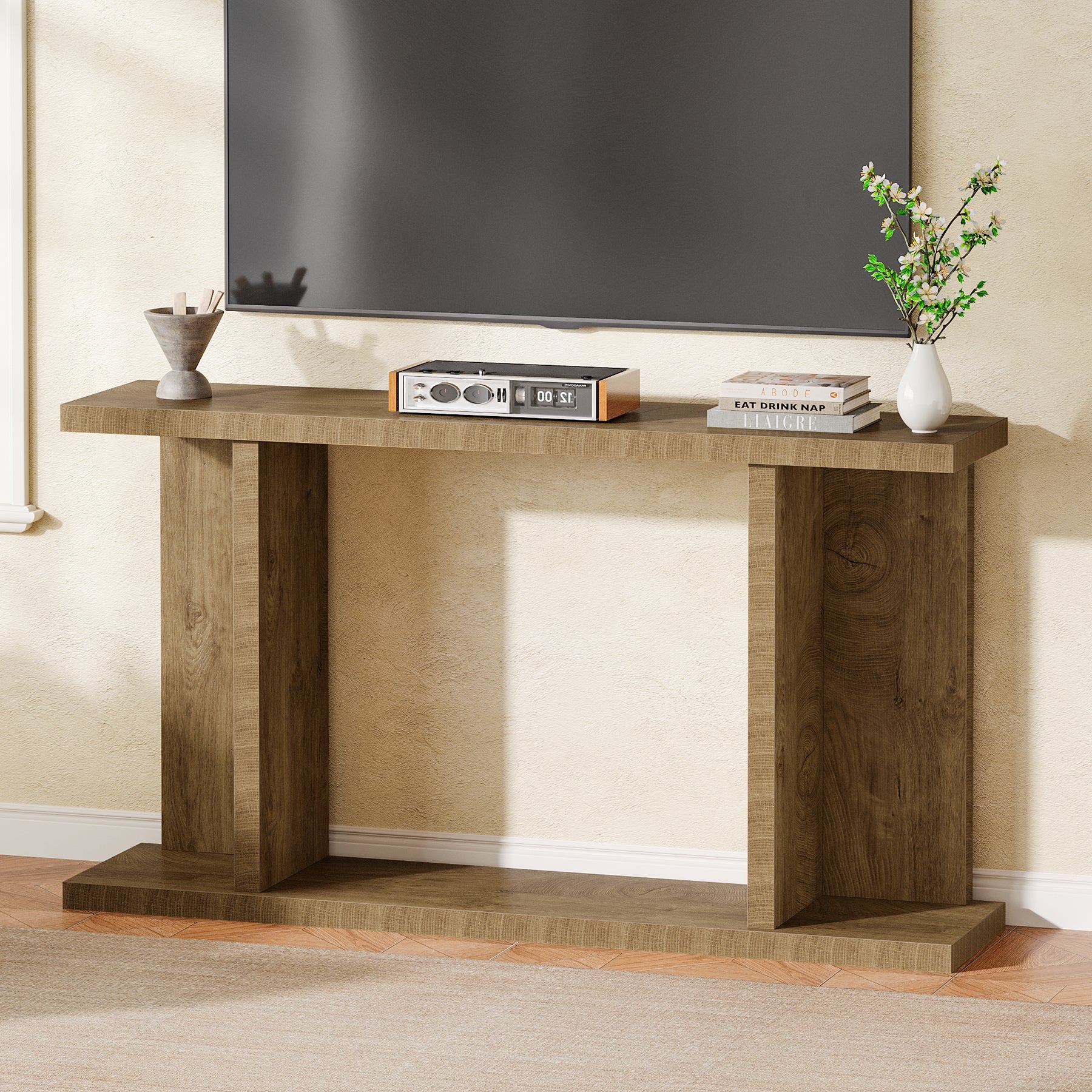 Tribesigns Mesa consola de 140 cm de estilo rústico, Consola estrecha de 2 niveles con base