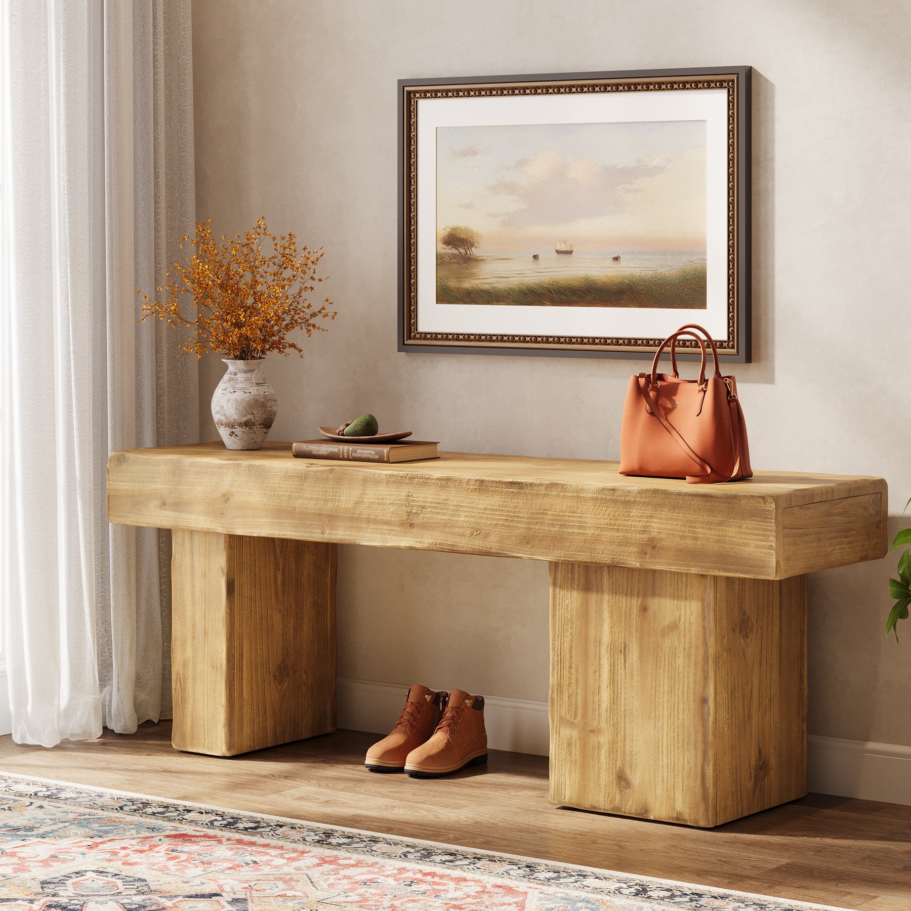 Banco de recibidor de 119 cm de madera maciza, Estilo rústico con asiento grueso