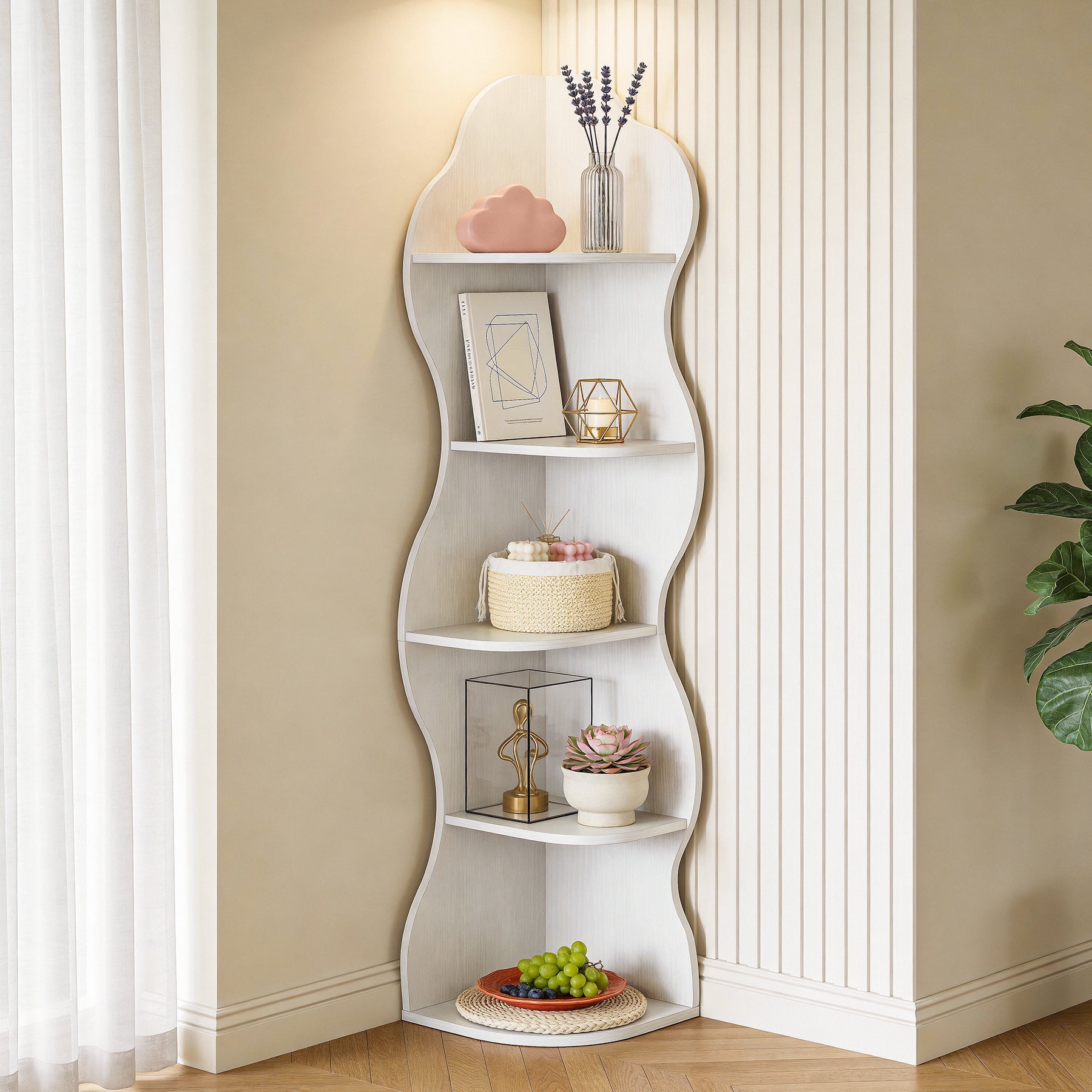 Tribesigns Estantería esquinera con 5 baldas, Librería esquinera moderna diseño curvo