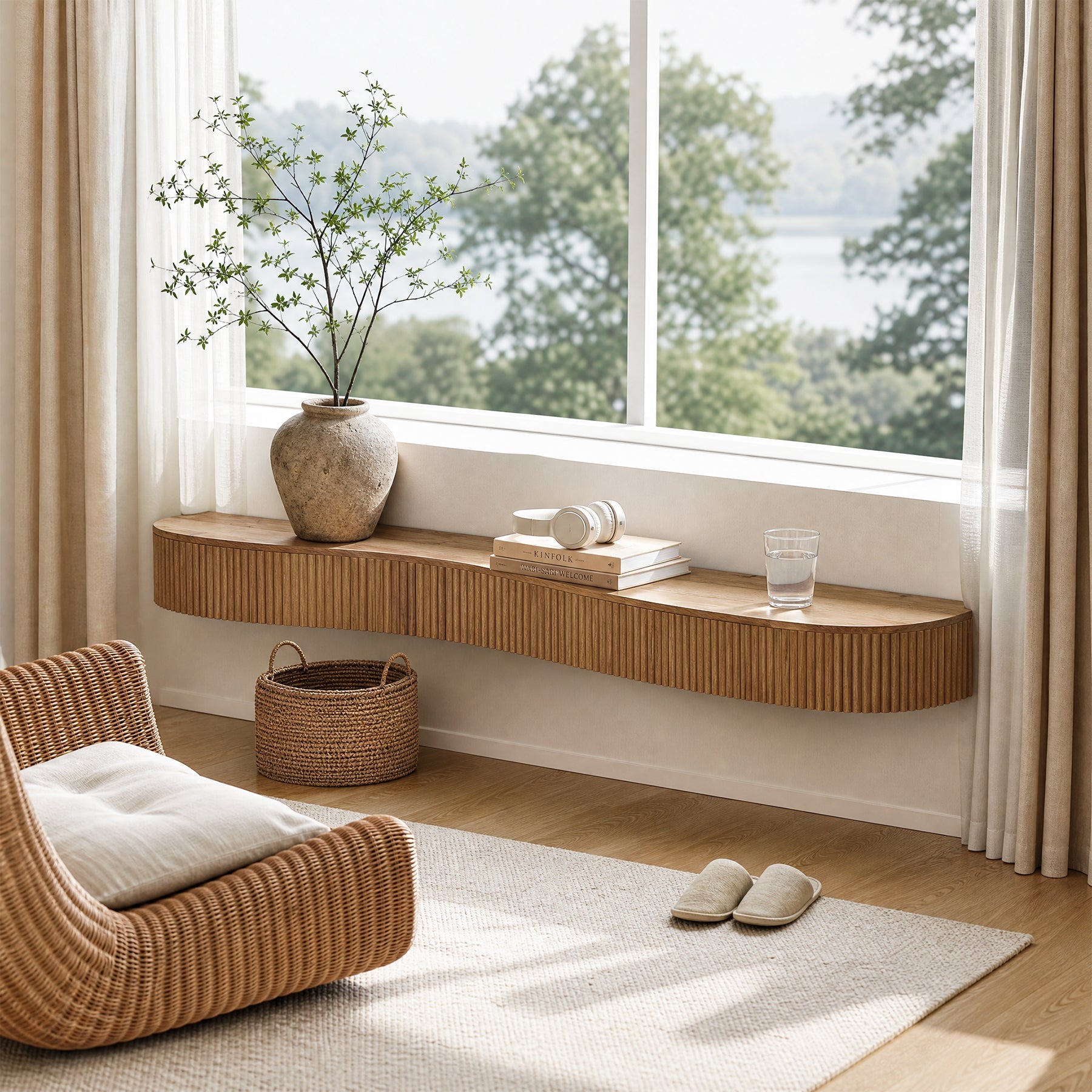 Tribesigns Floating Mantel Shelf aus Massivholz 180 cm, Kaminregal mit Geriffeltem Design