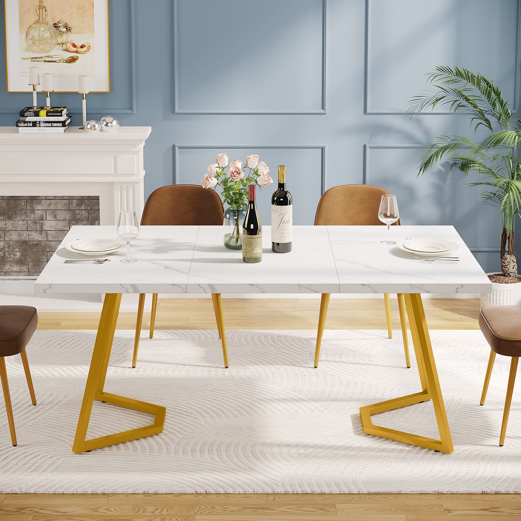 Tribesigns Mesa de Comedor Moderna, Mesa de Cocina de 140 cm con Patas de Metal Dorado para 6 Personas