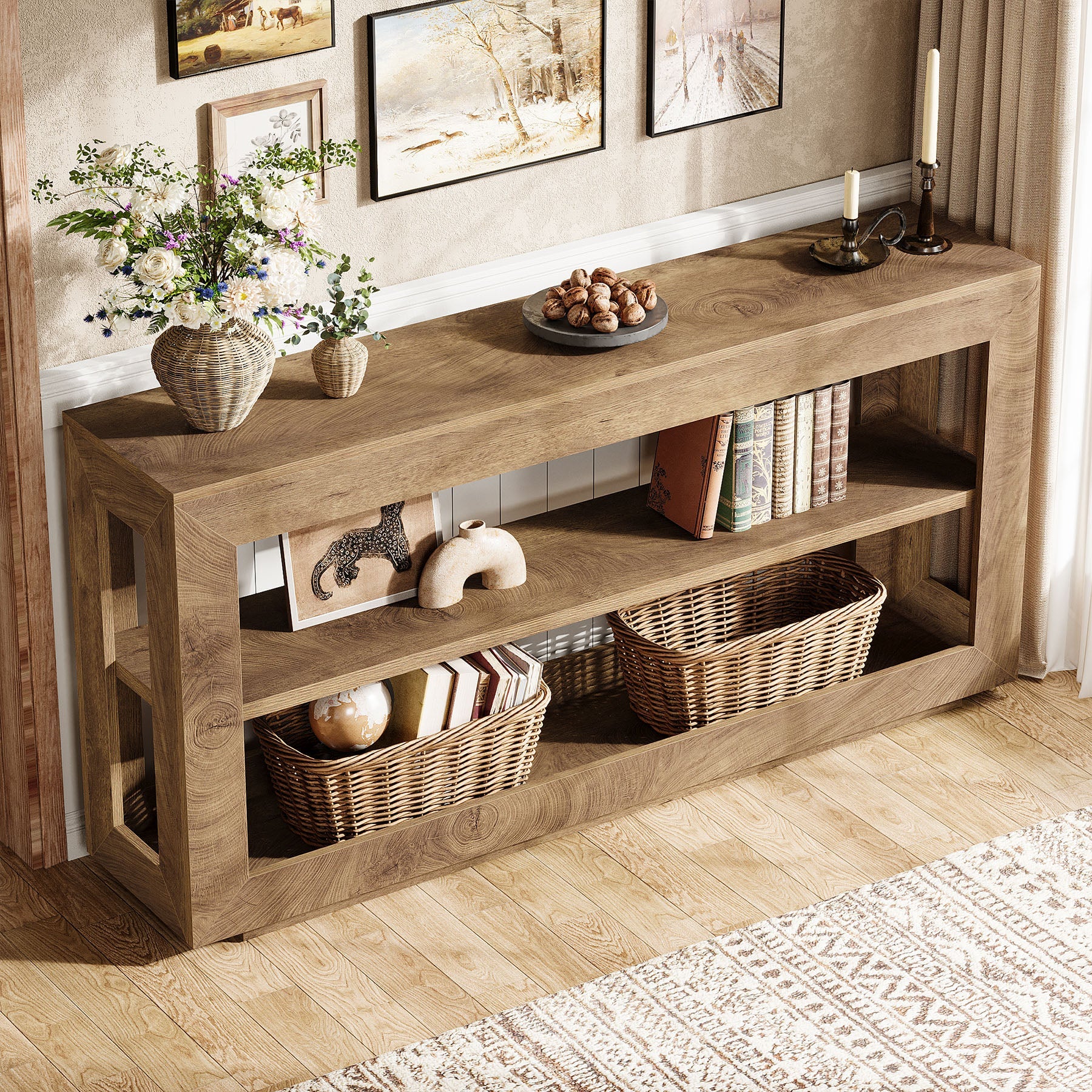 Tribesigns Mesa consola de 160 cm, Mesa de entrada estilo rústico con estante de almacenamiento de 3 niveles