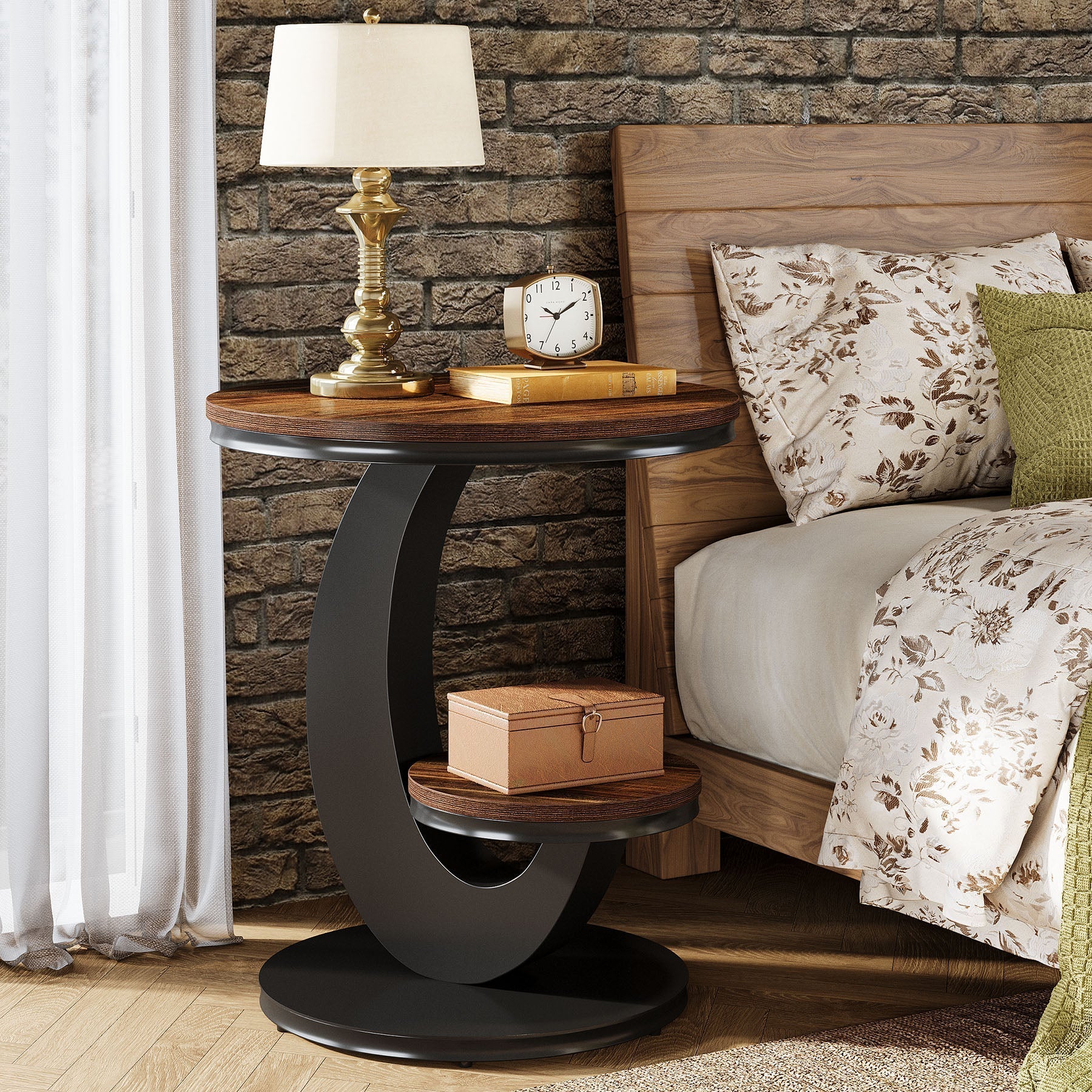 2 Tiers End Table, Sofa Side Bedside Table Nightstand with Arc-Shaped Frame