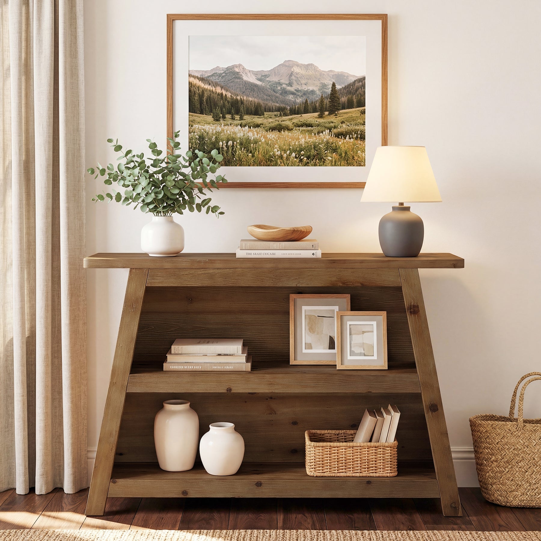 Tribesigns Mesa consola de madera maciza de 120 cm, Mesa de recibidor de 3 niveles de estilo rústico con estantes