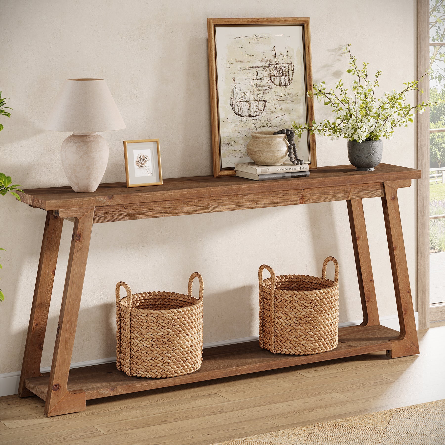 Tribesigns Mesa consola de madera maciza de 160 cm situada detrás del sofá con 2 estantes, Mesa de centro larga y estrecha para salón y recibidor