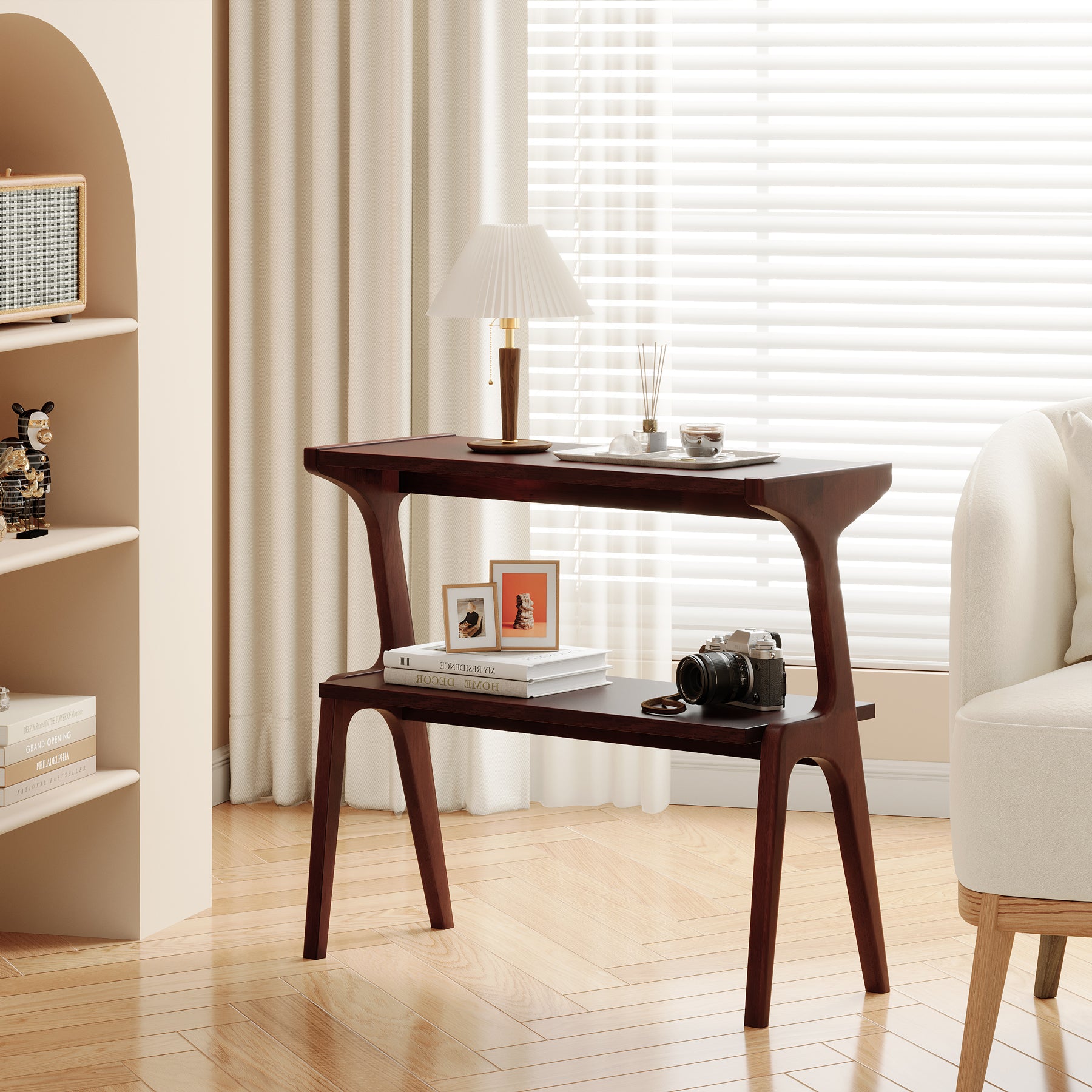 Tribesigns Mesa de centro estrecha, Mesa de centro delgada de 2 niveles con estante de almacenamiento