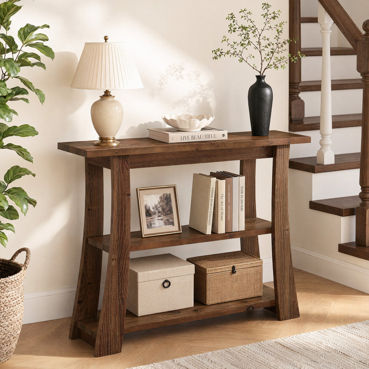 Tribesigns Mesa consola de madera maciza con 3 estantes, Mesa estrecha para recibidor de 105 cm