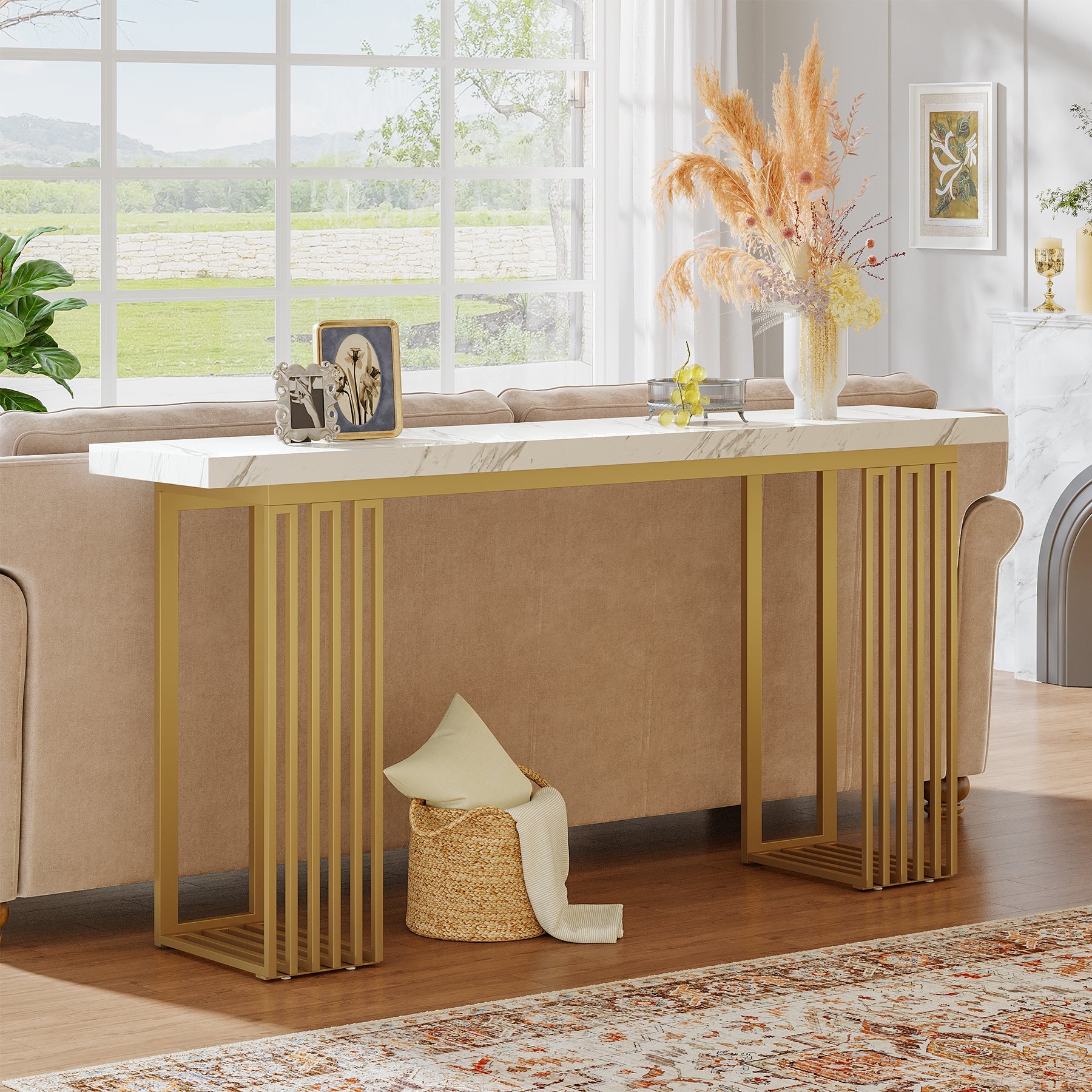 Tribesigns Consola estrecha de 160 cm con tablero imitación mármol blanco y base de metal dorado