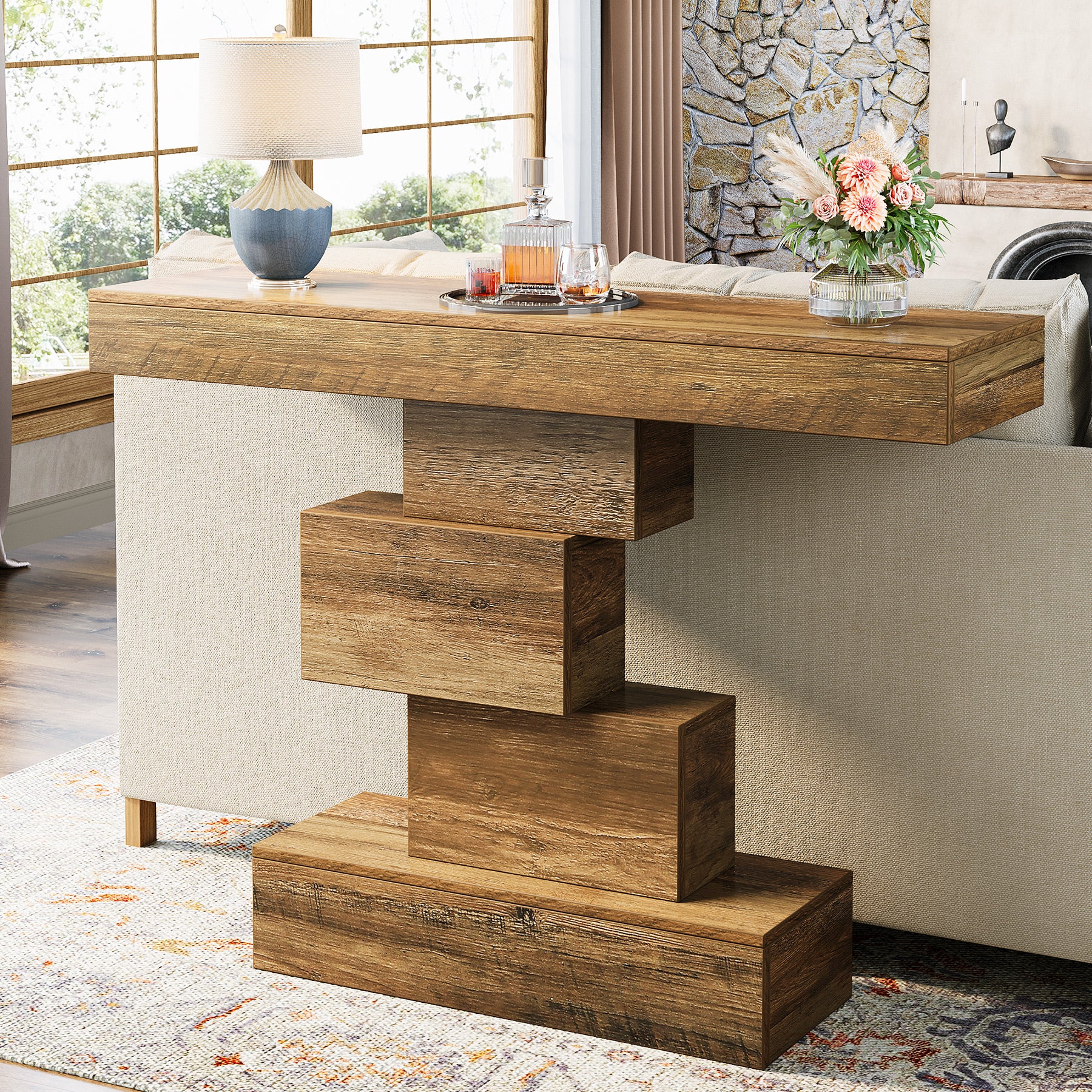 Tribesigns Consola de 108 cm, Mesa auxiliar de madera para sofá con base geométrica