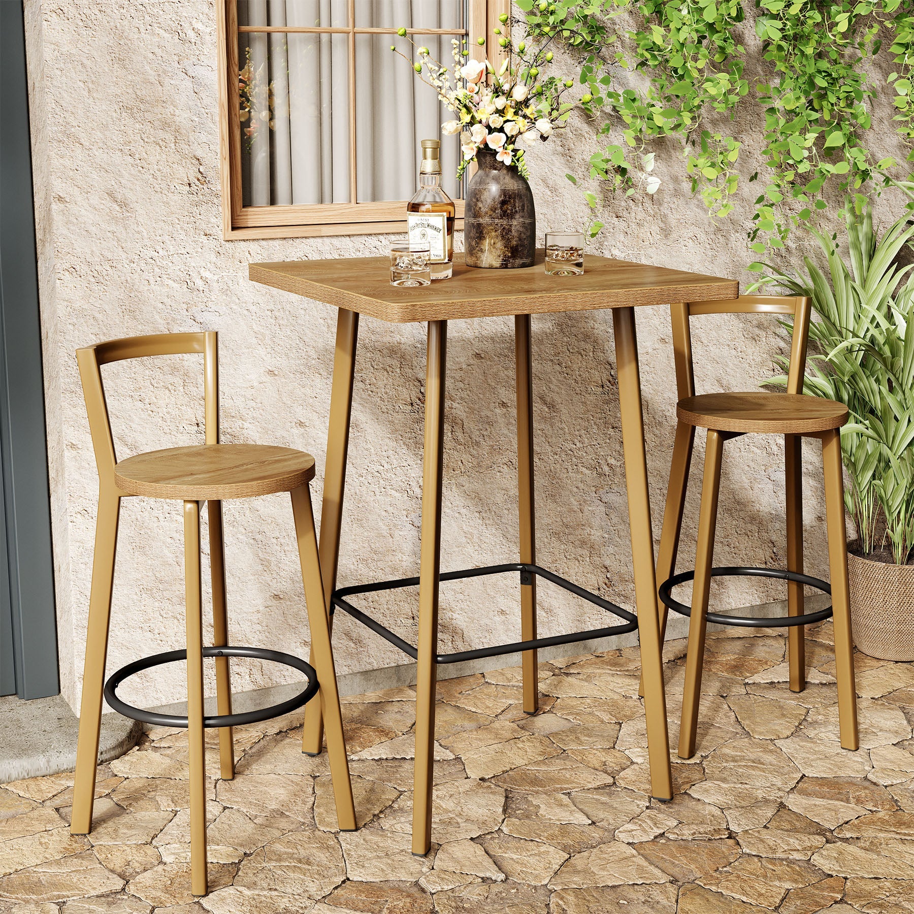 Tribesigns Mesa de Bar Alta con 2 Taburetes, Mesa Bistró Cuadrada 100 cm con Reposapiés