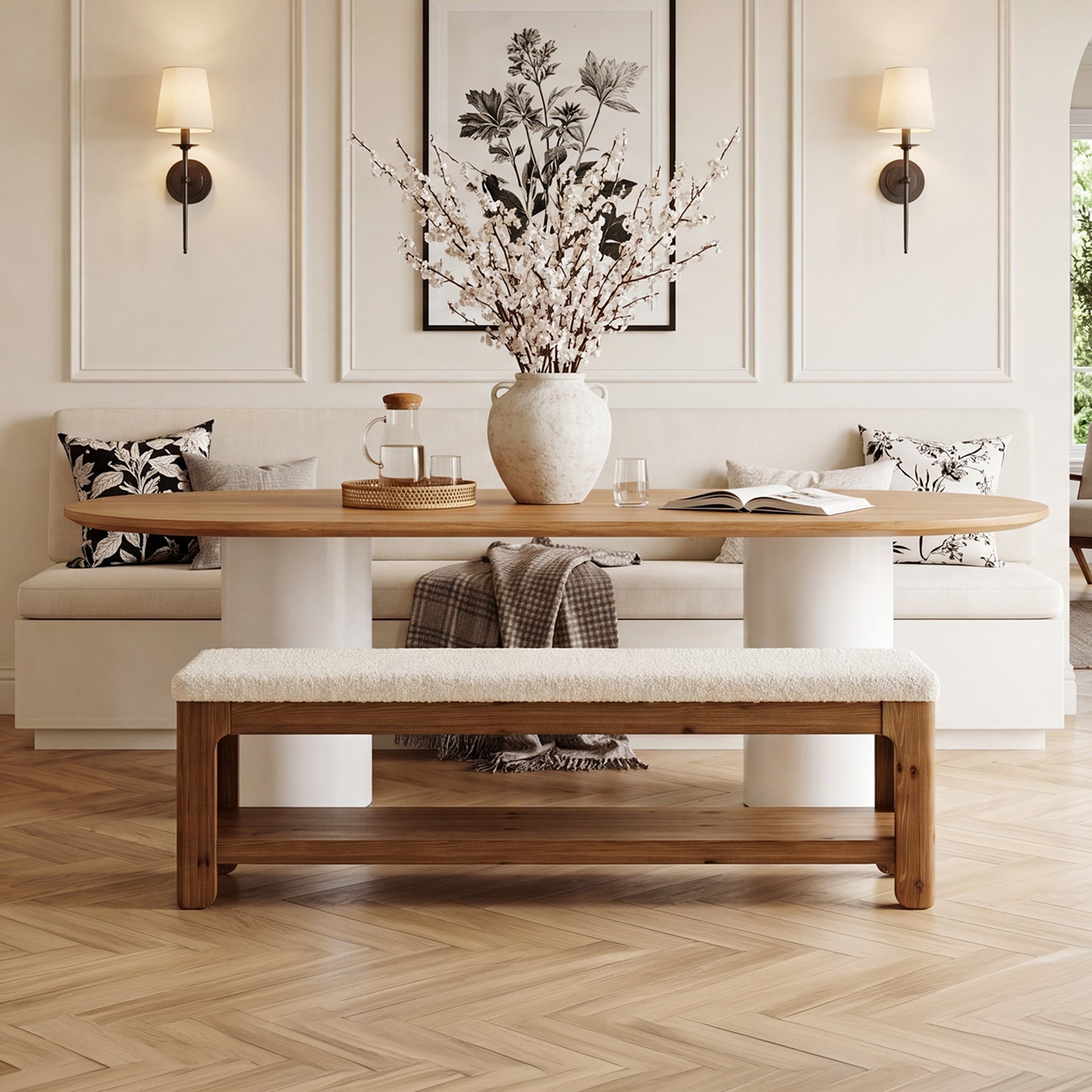 Tribesigns Banco tapizado de 140 cm, fabricado en madera maciza, ideal para recibidor, con estante de almacenamiento y asiento de felpa