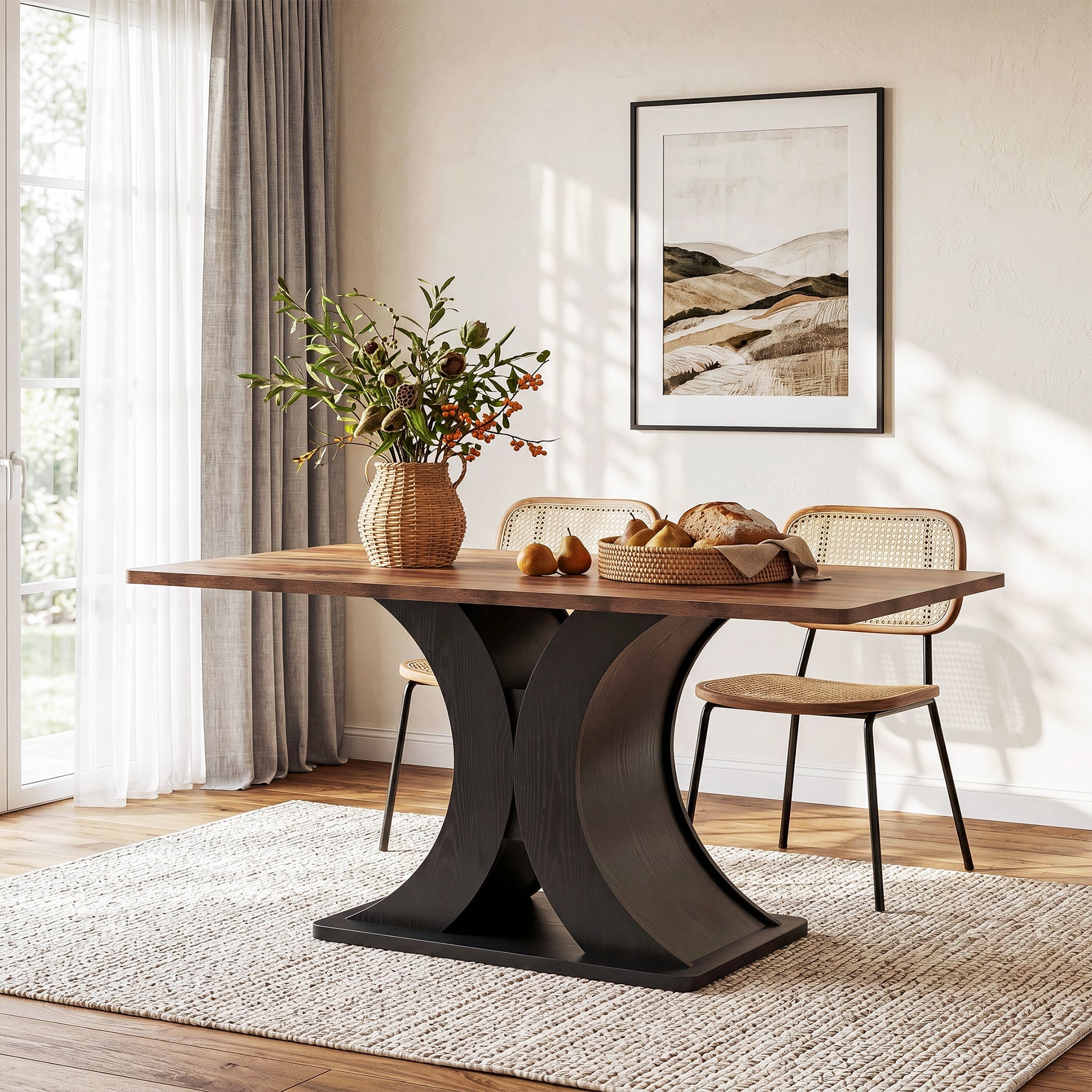Mesa de comedor de 140 cm para 4-6 personas, Mesa de cocina rectangular de estilo rústico con base metálica estable