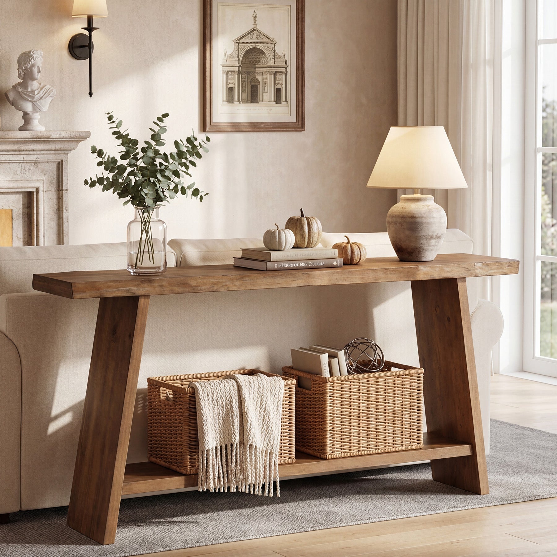 Tribesigns Mesa consola de madera maciza de 160 cm, Mesa auxiliar de dos niveles para el recibidor