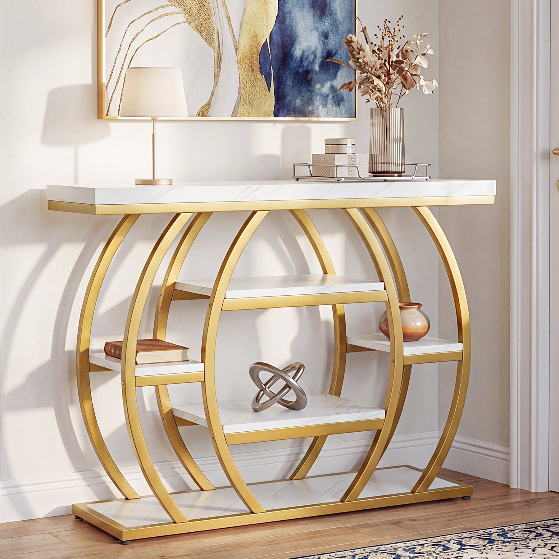 Tribesigns Mesa consola de 105 cm, Mesa estrecha para recibidor con 5 estantes, Estructura de metal dorado y tablero con aspecto de mármol