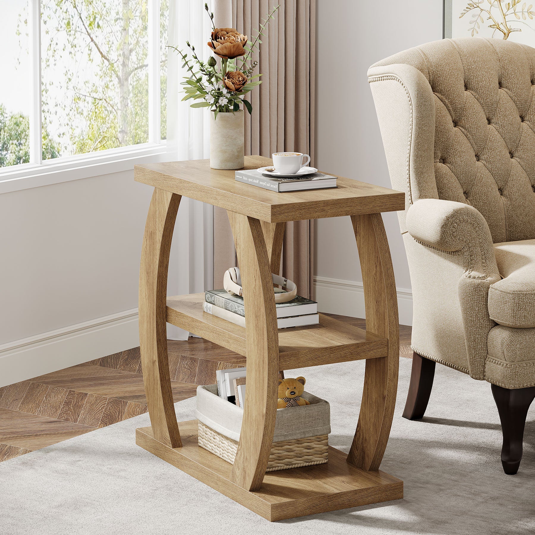 Tribesigns Mesa auxiliar estrecha de madera de 3 niveles, Mesita de noche que ahorra espacio