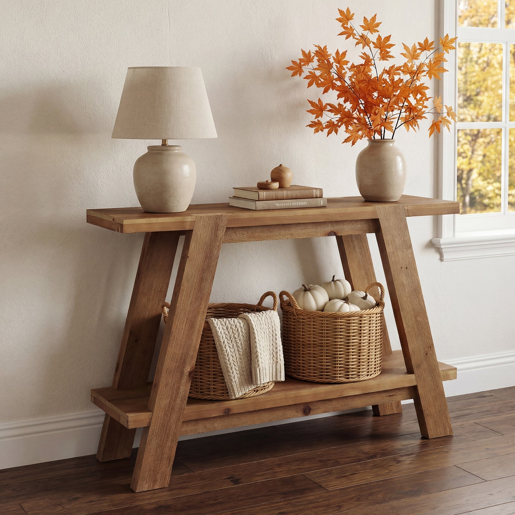 Tribesigns Consola estrecha de madera maciza de 110 cm de estilo rústico, Mesa de centro con 2 estantes