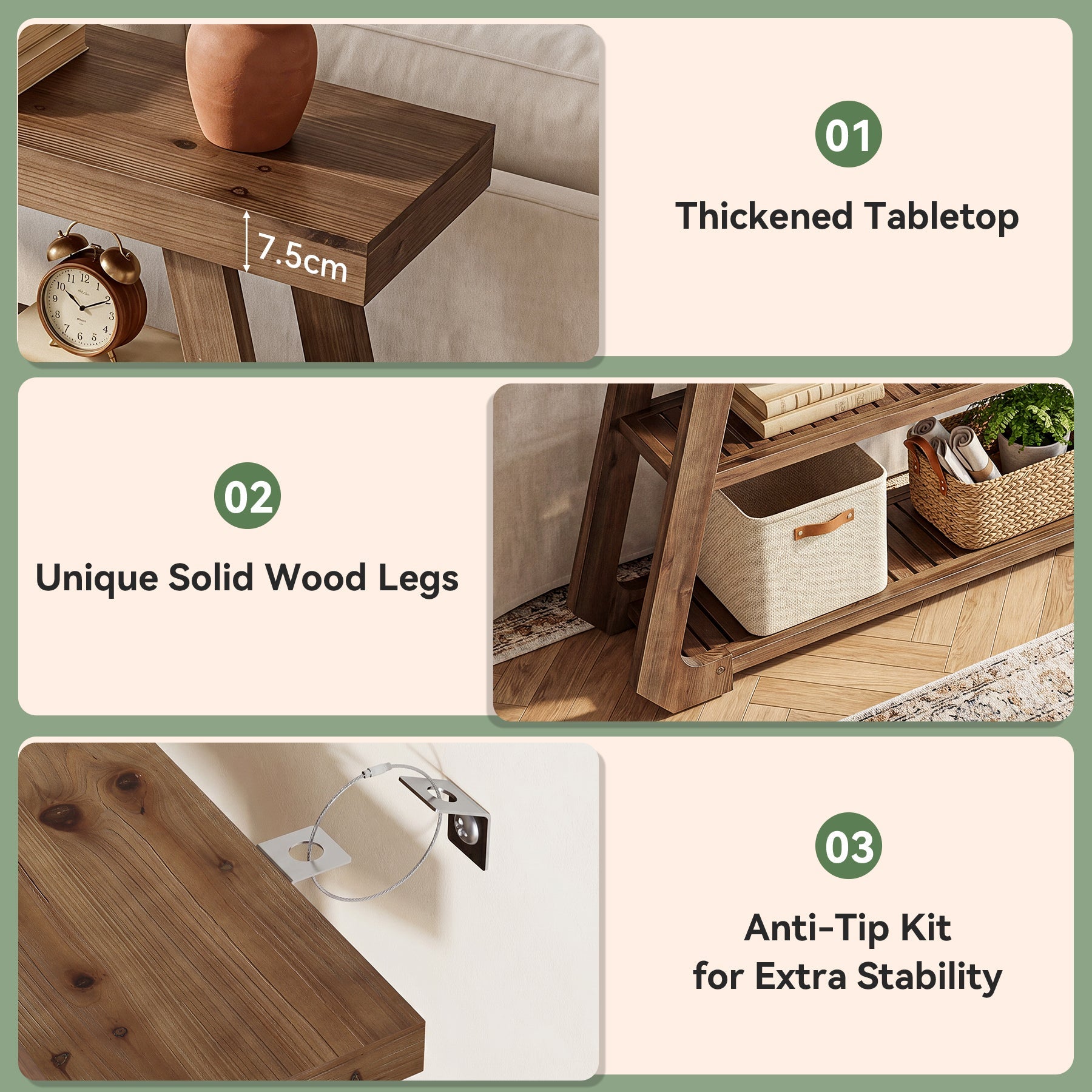 Tribesigns Consola de madera maciza de 105 cm con 3 estantes, Mesa de recibidor de estilo rústico con estructura en forma de A