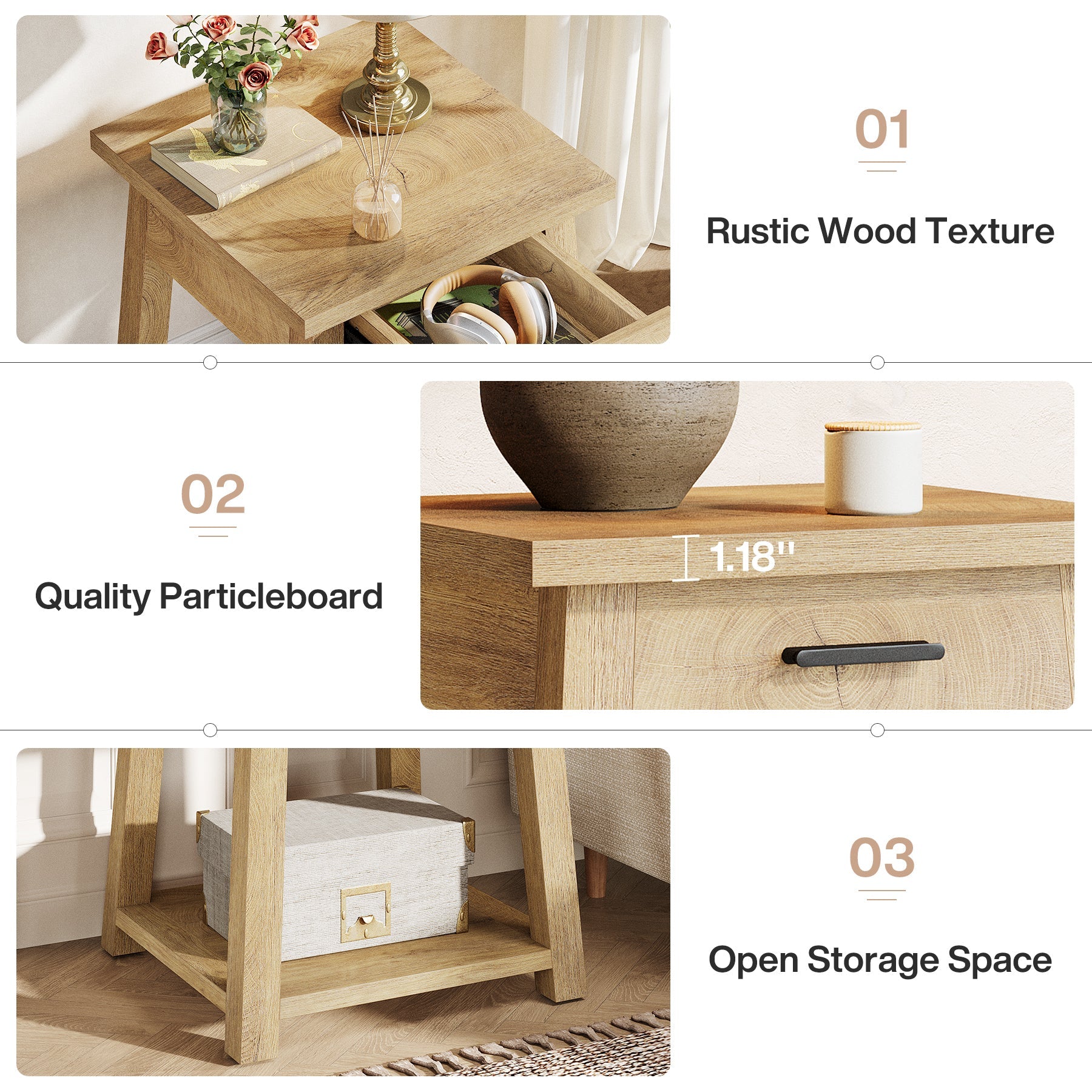 Mesita de noche con cajón y estante, Mesa auxiliar de estilo rústico para dormitorio y sala de estar