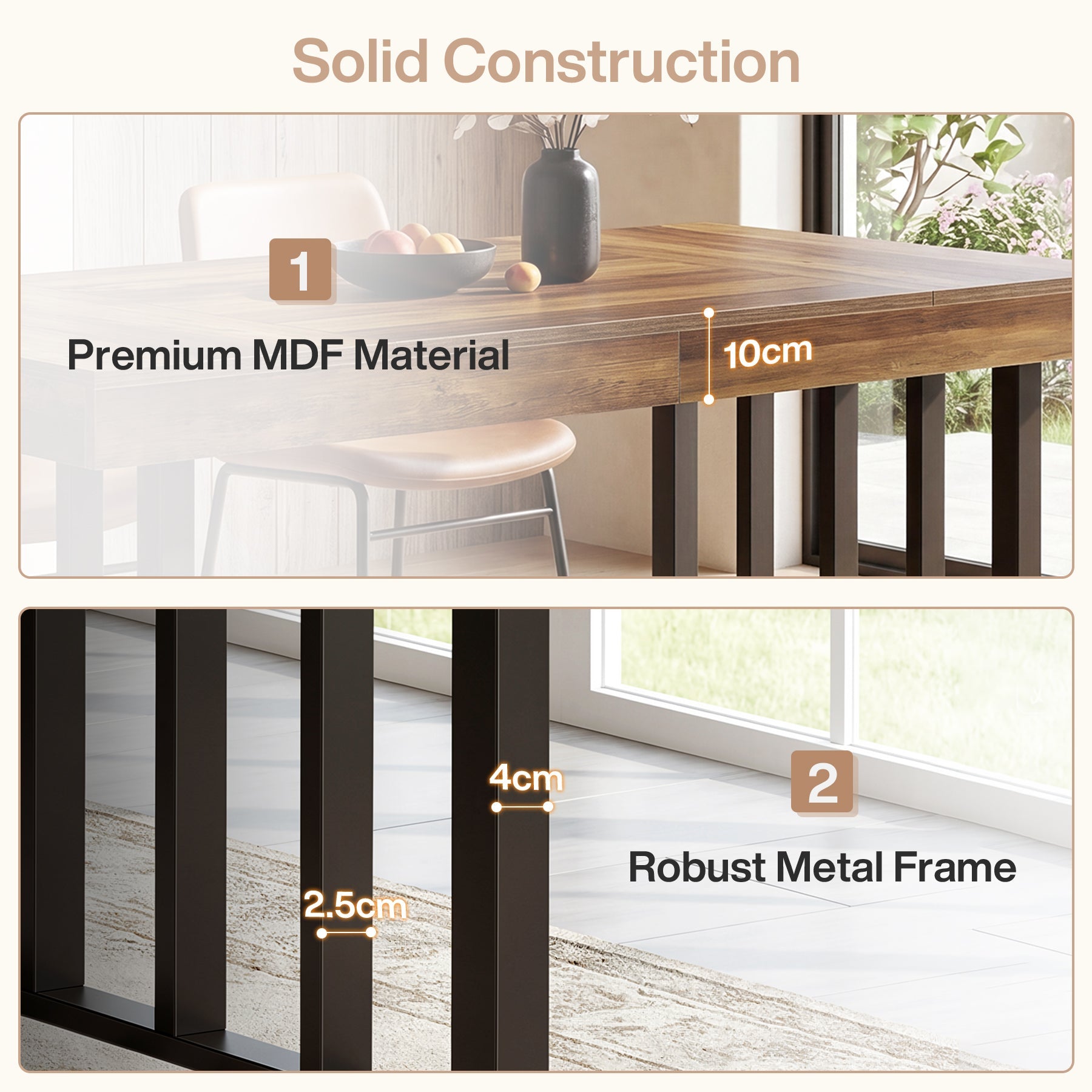 Mesa de comedor de 140 cm para 4 personas, Mesa de cocina rectangular con patas metálicas resistentes